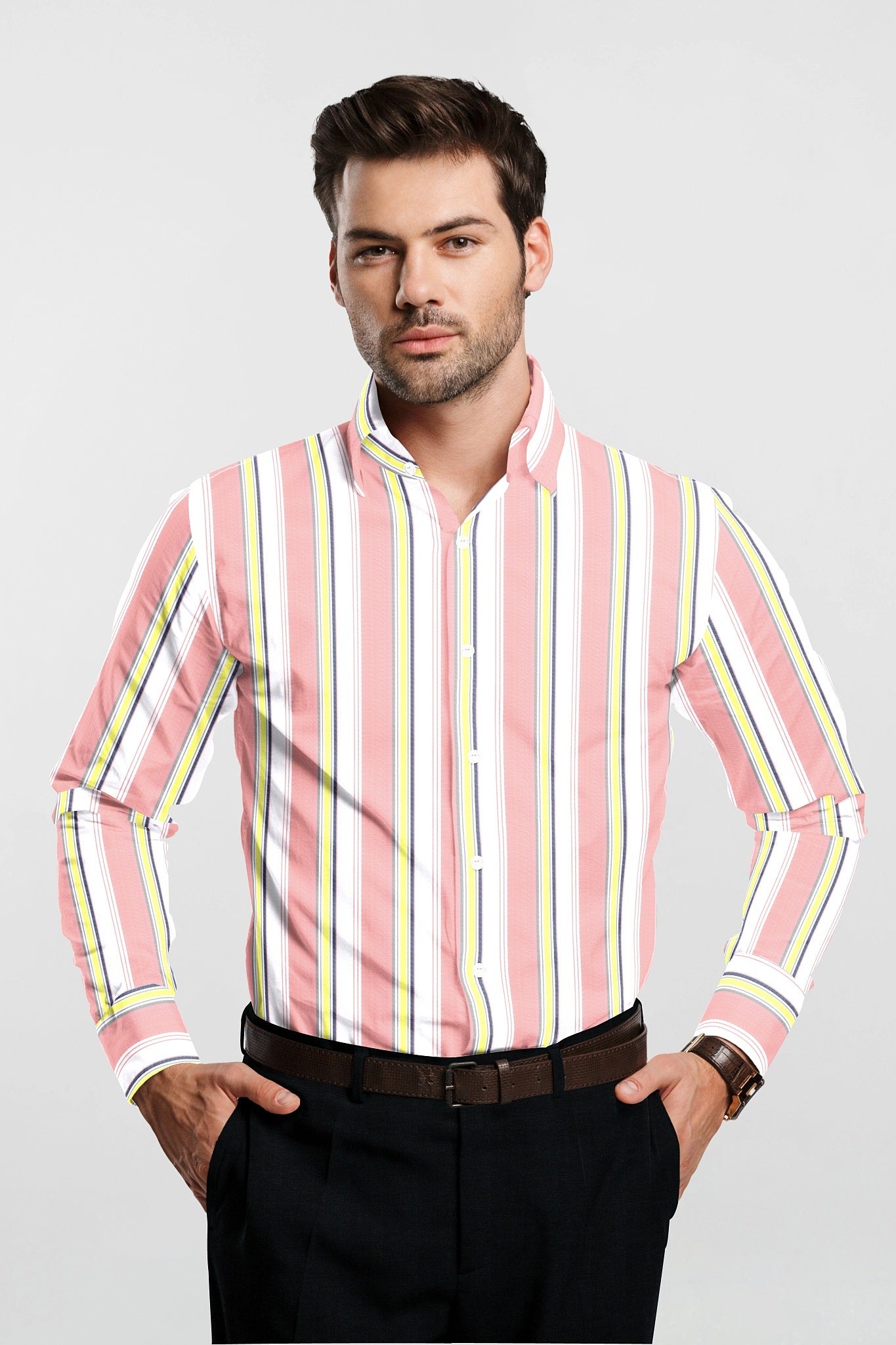 Gossamer Pink with White and Cobalt Blue Stripes Cotton Shirt