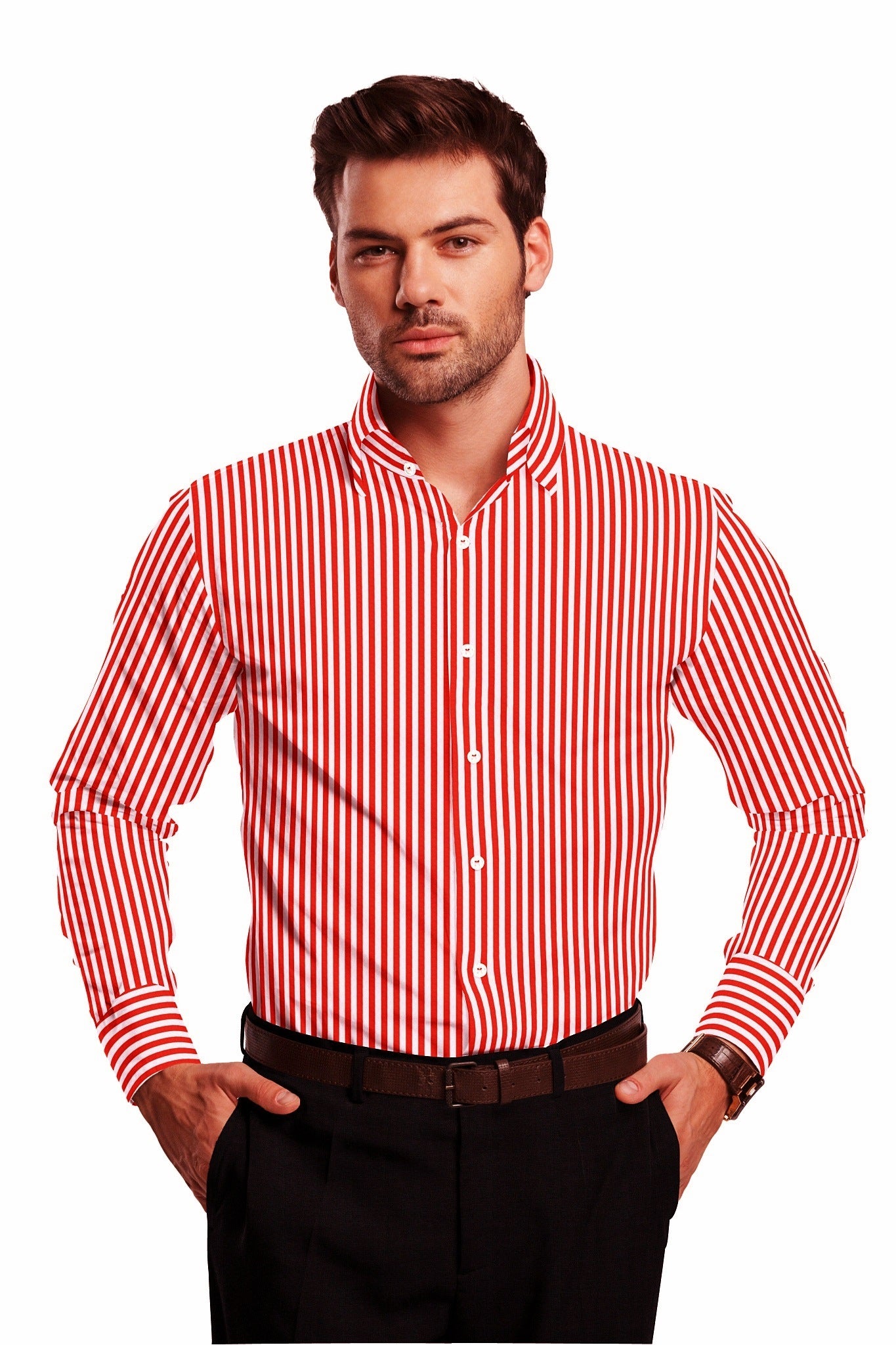 White and Crimson Red Candy Stripes Cotton Shirt