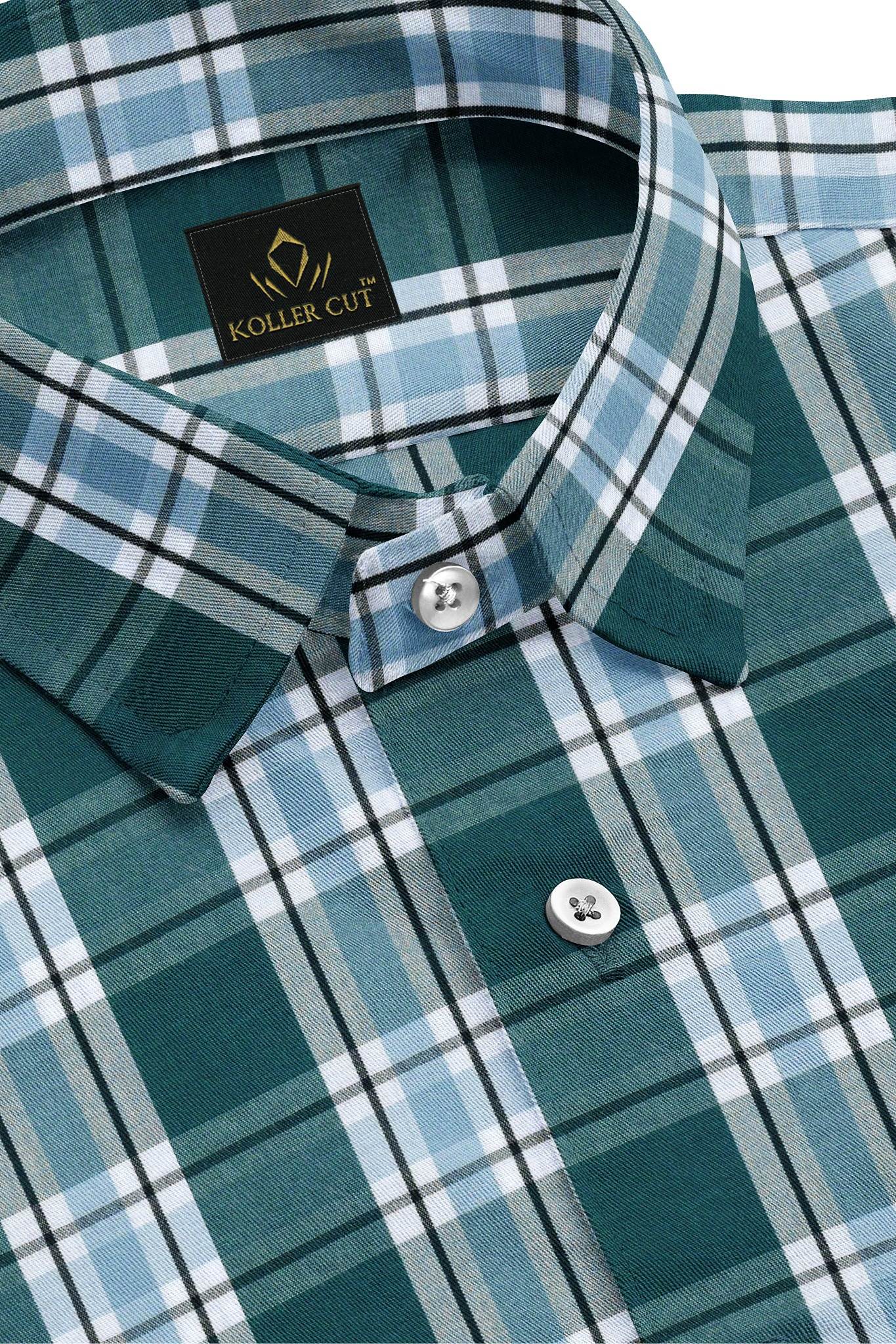 Kollercut-White with Agate Green and Omphalodes Blue Checks charaghdin Cotton Shirt