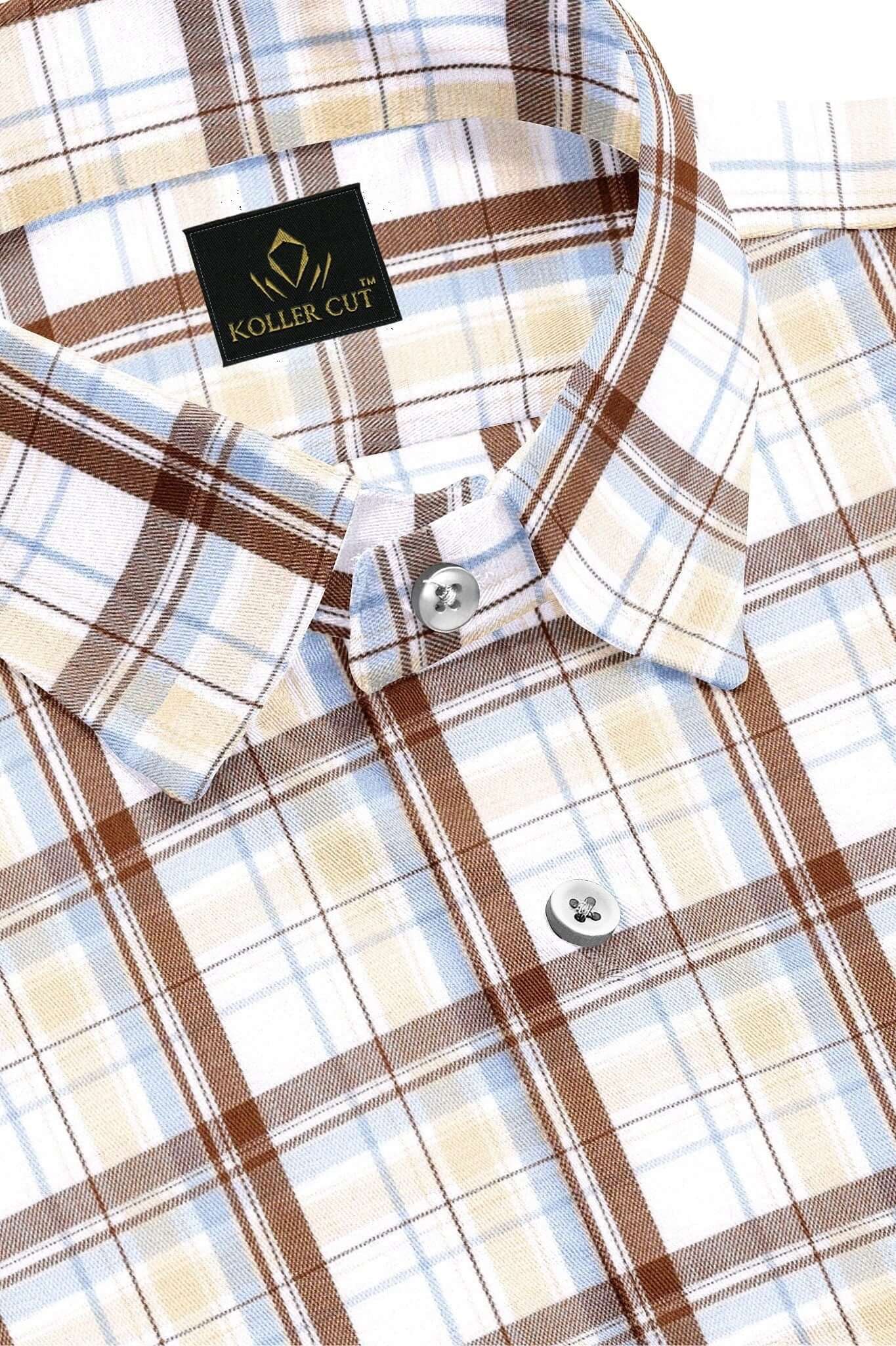White with Copper Brown and Chambray Blue Checks Cotton Shirt
