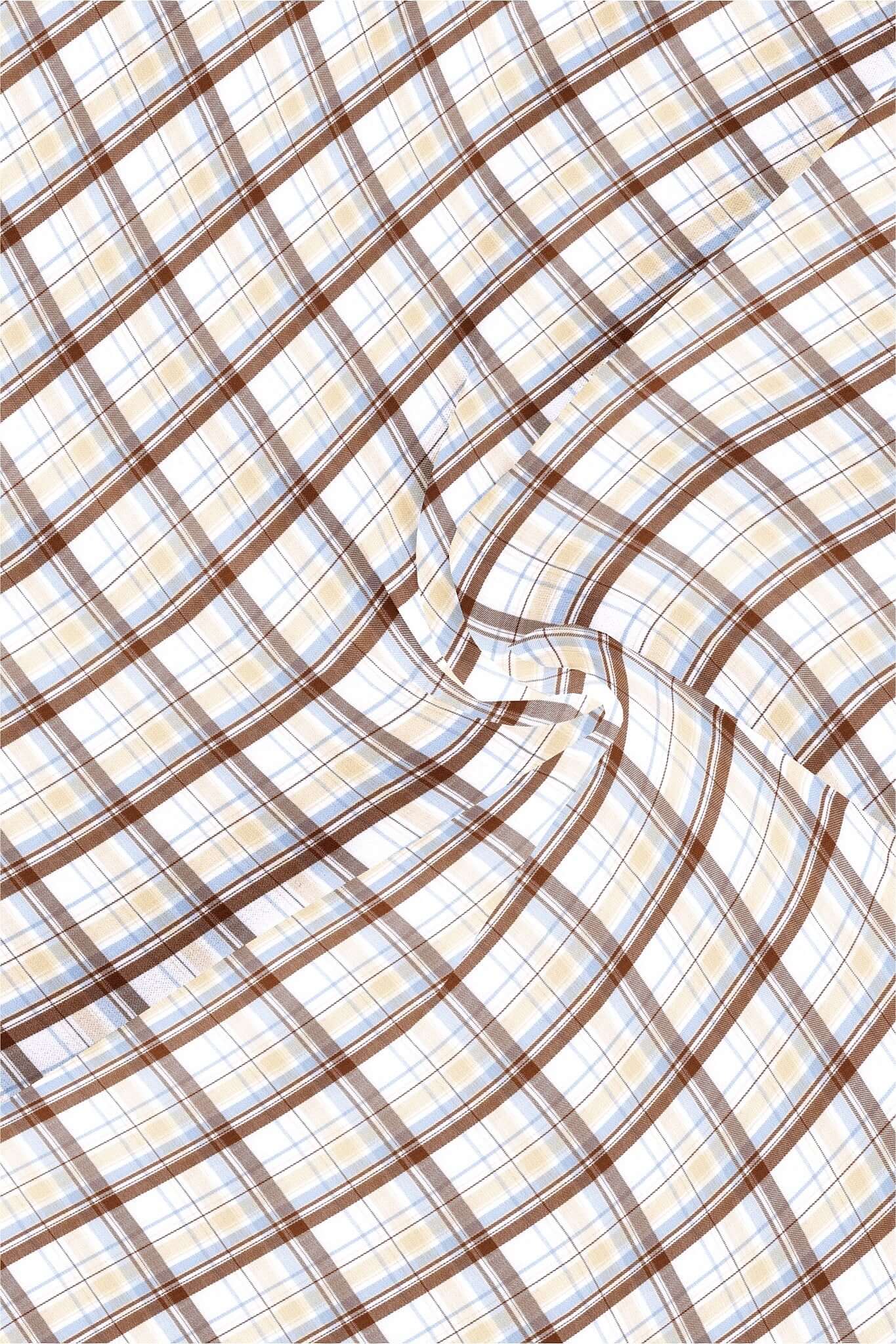 White with Copper Brown and Chambray Blue Checks Cotton Shirt
