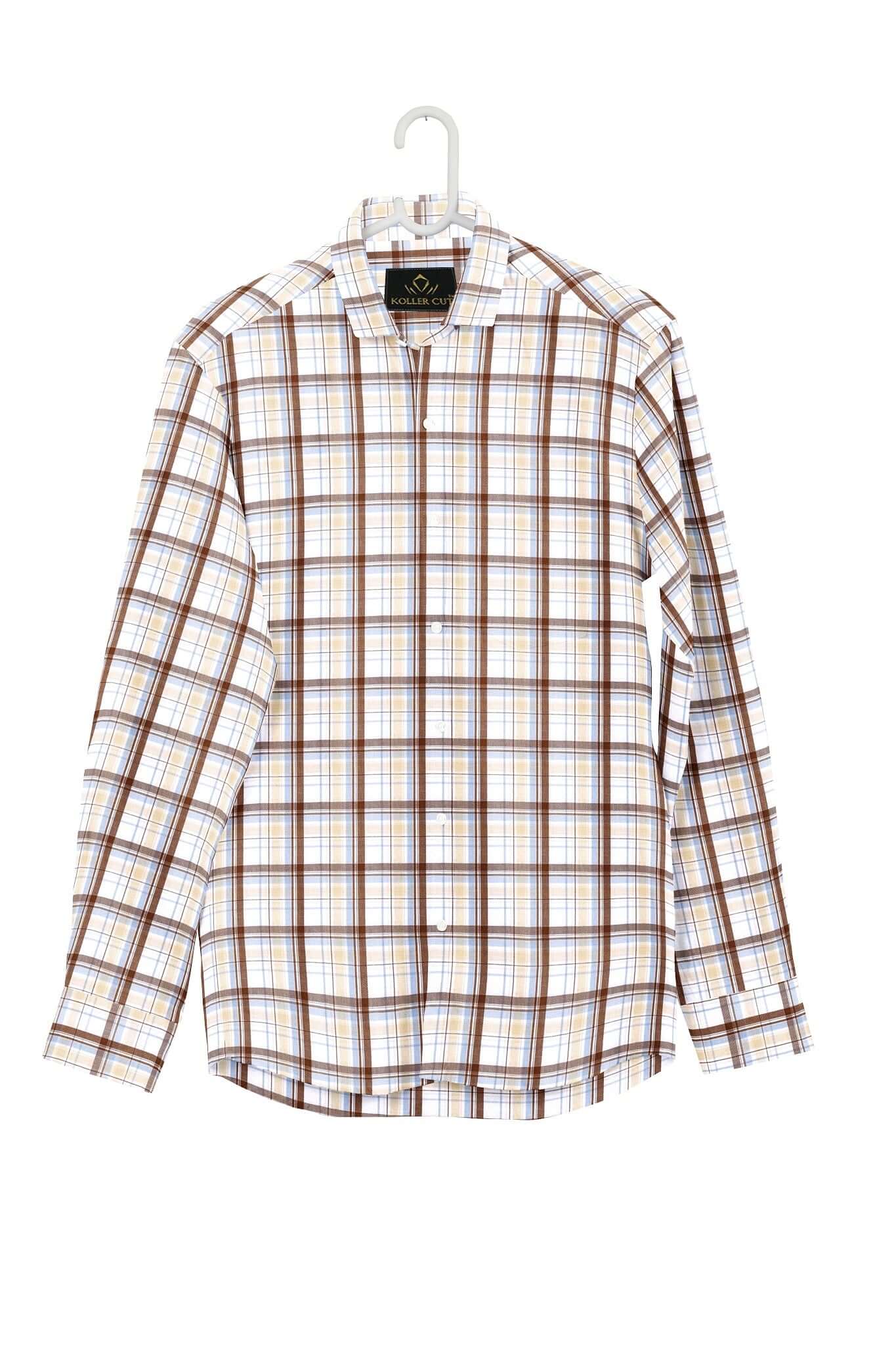 White with Copper Brown and Chambray Blue Checks Cotton Shirt