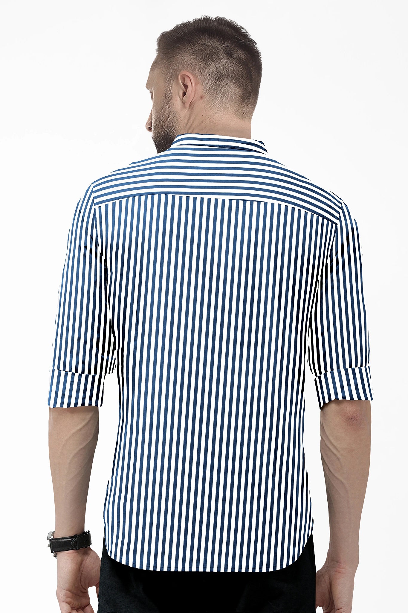 White and Victoria Blue Candy Stripes Mandarin Collar Cotton Shirt