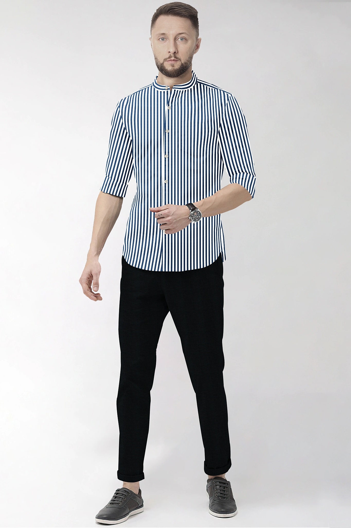 White and Victoria Blue Candy Stripes Mandarin Collar Cotton Shirt