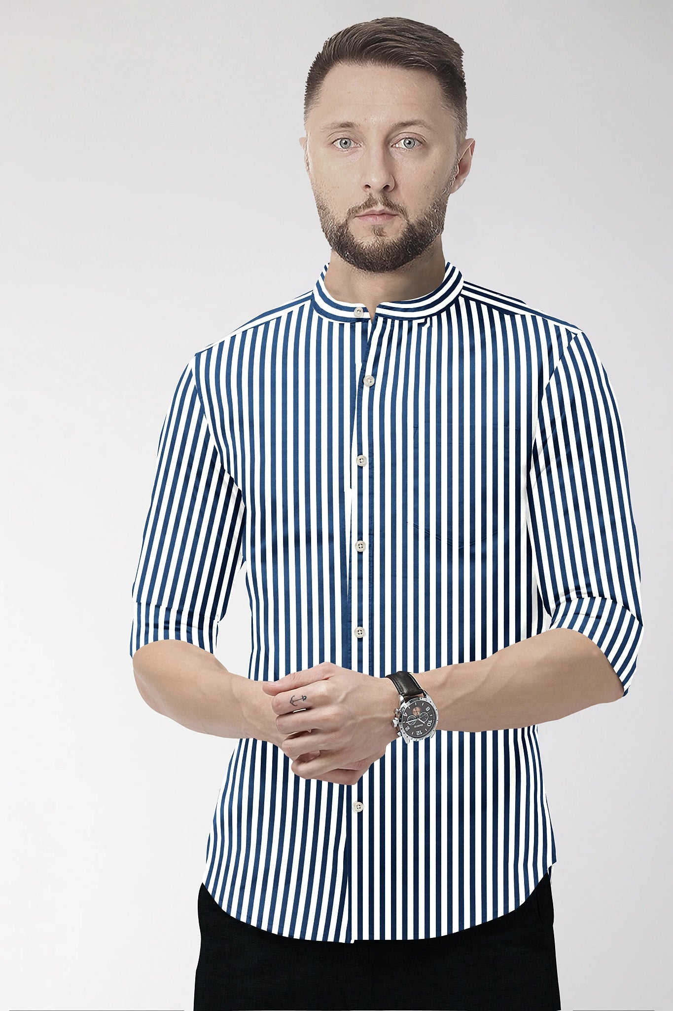 White and Victoria Blue Candy Stripes Mandarin Collar Cotton Shirt