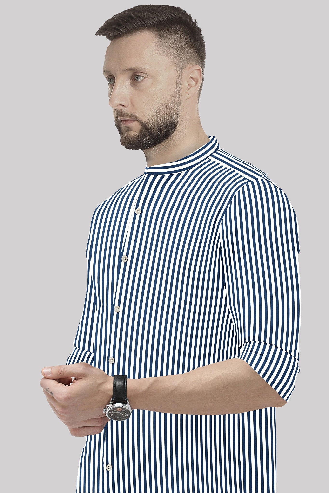 White and Victoria Blue Candy Stripes Mandarin Collar Cotton Shirt