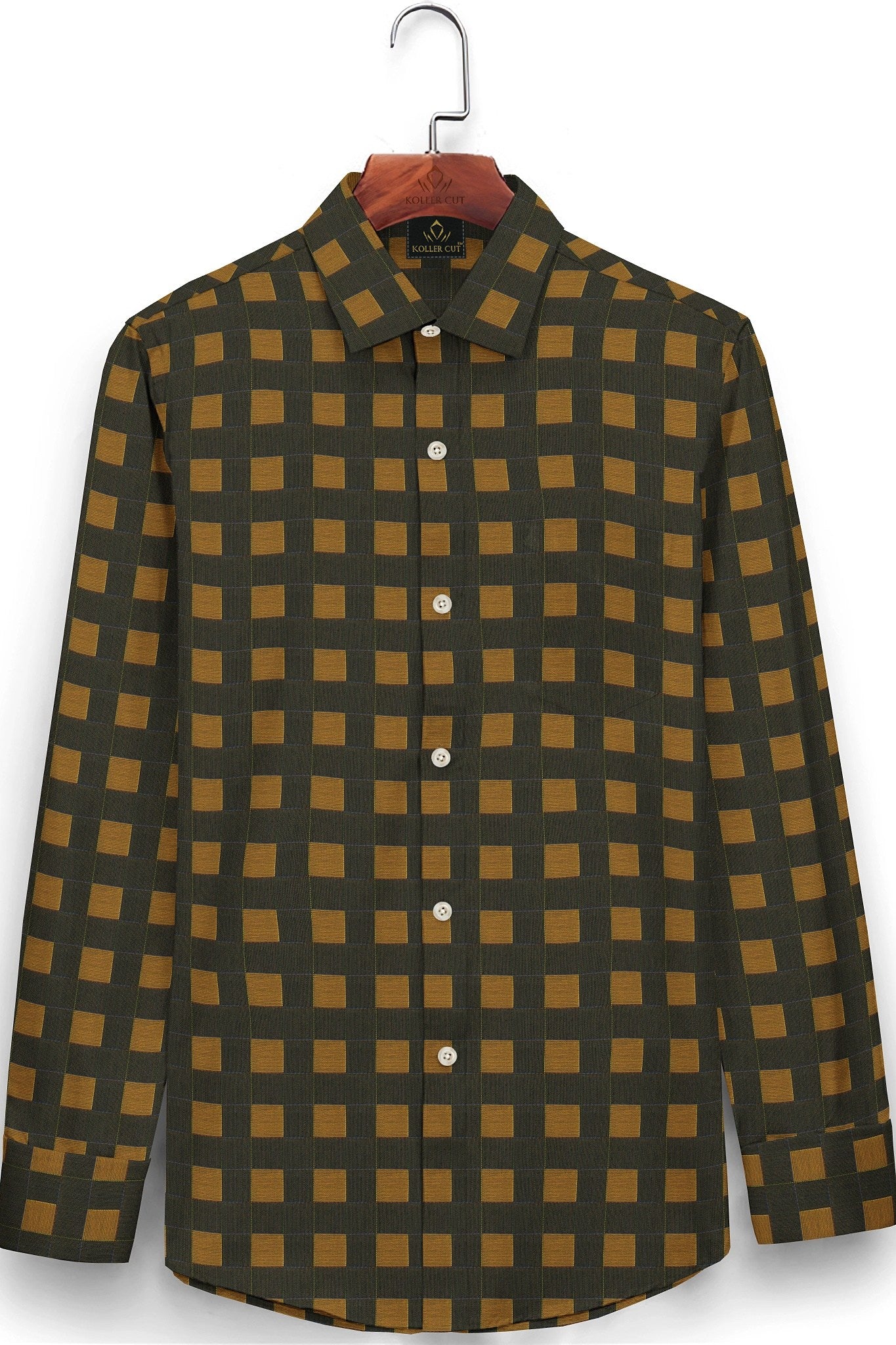Umber Brown with Golden Brown and Citron Yellow Checks Premium Egyptian Giza Cotton Shirt