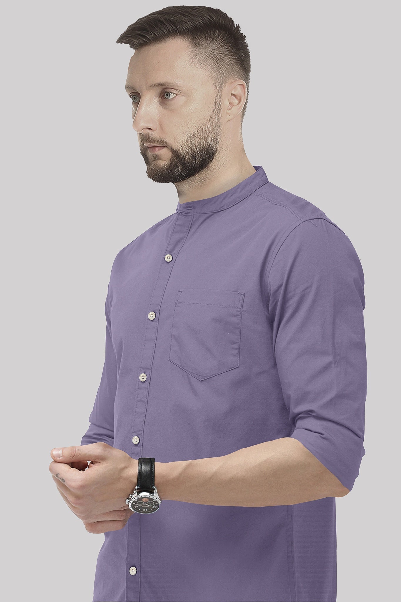 Aster Purple Mandarin Collar Giza Cotton Shirt