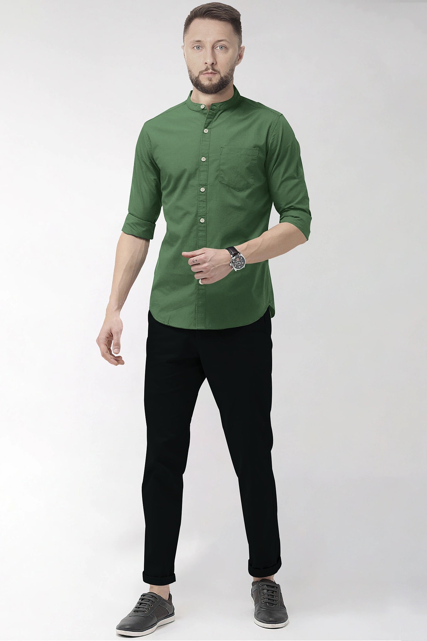 Bronze Green Mandarin Giza Cotton Shirt