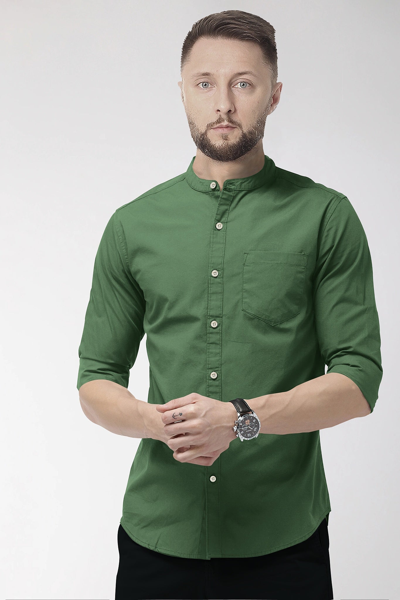 Bronze Green Mandarin Giza Cotton Shirt