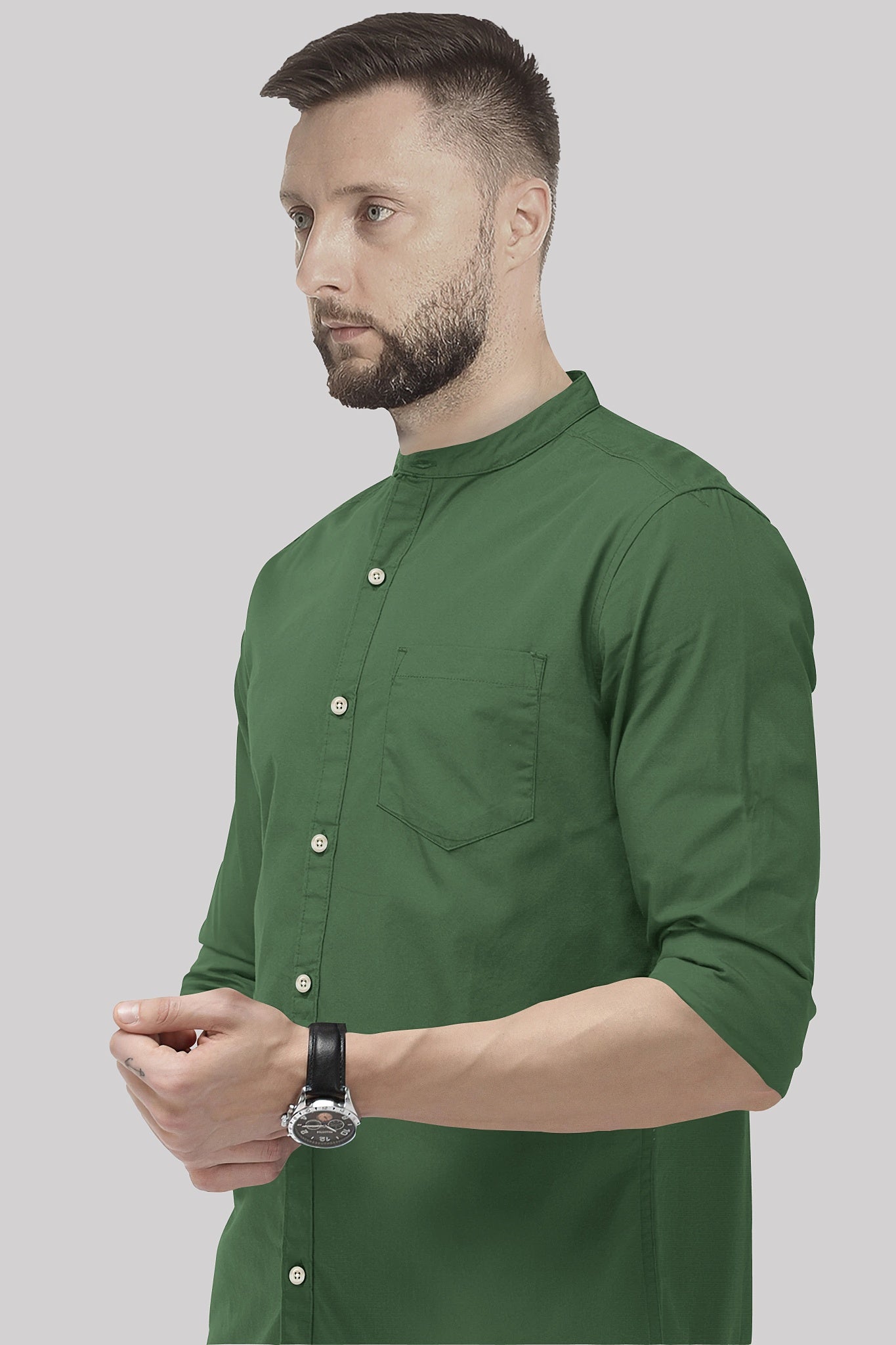 Bronze Green Mandarin Giza Cotton Shirt