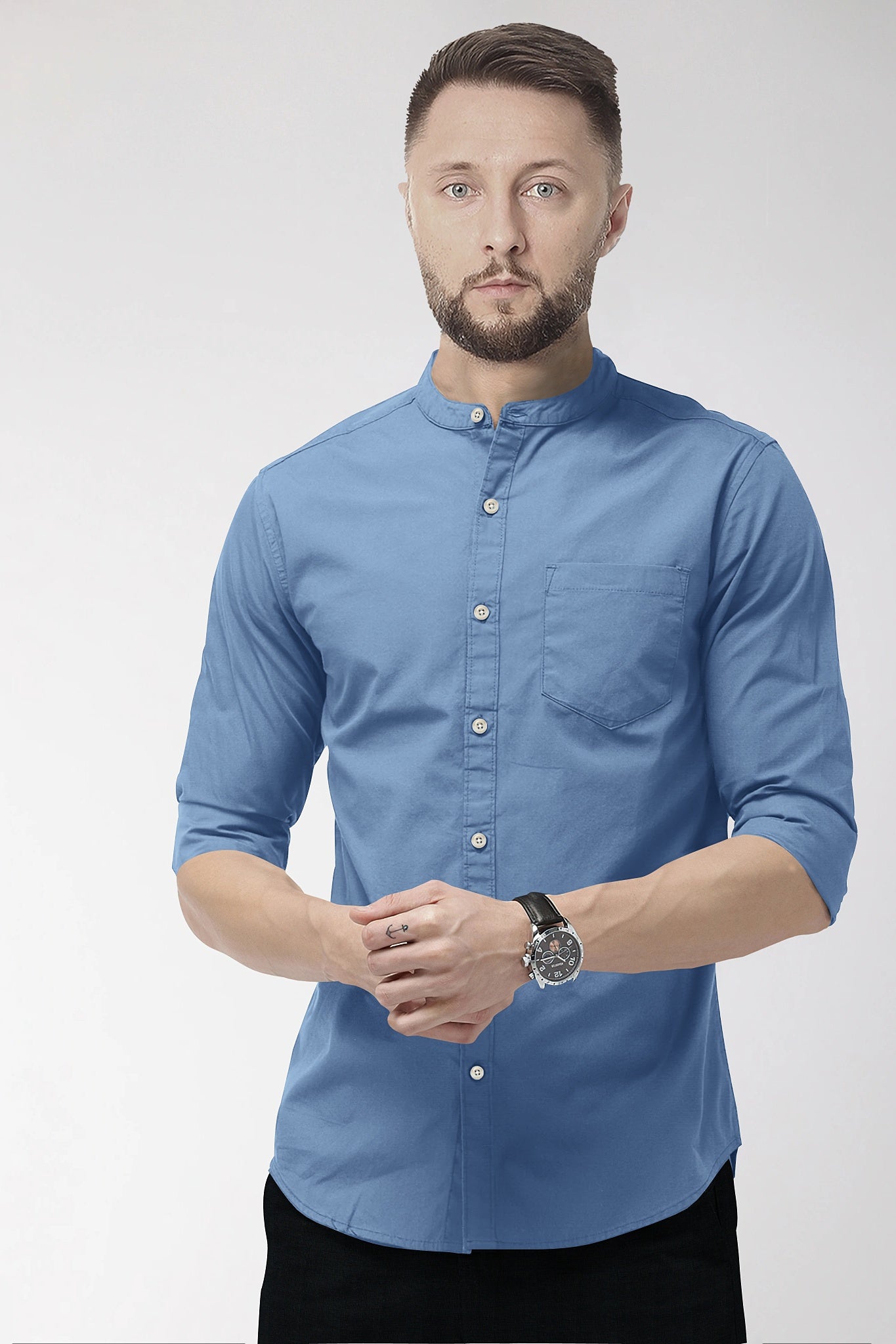 Lichen Blue Mandarin Giza Cotton Shirt