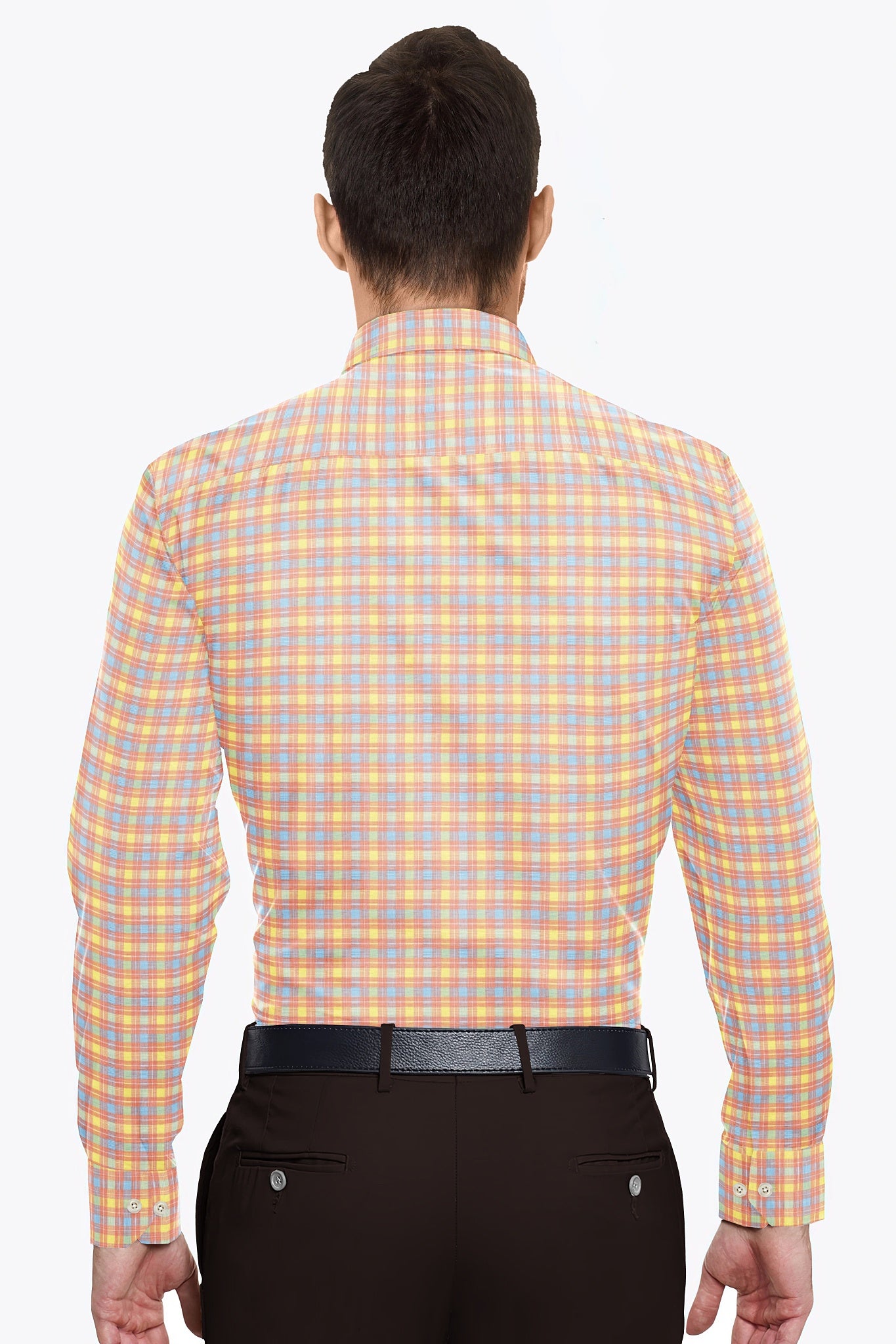 Nectar Peach with Marigold Yellow and Ethereal Blue Checks Cotton Shirt