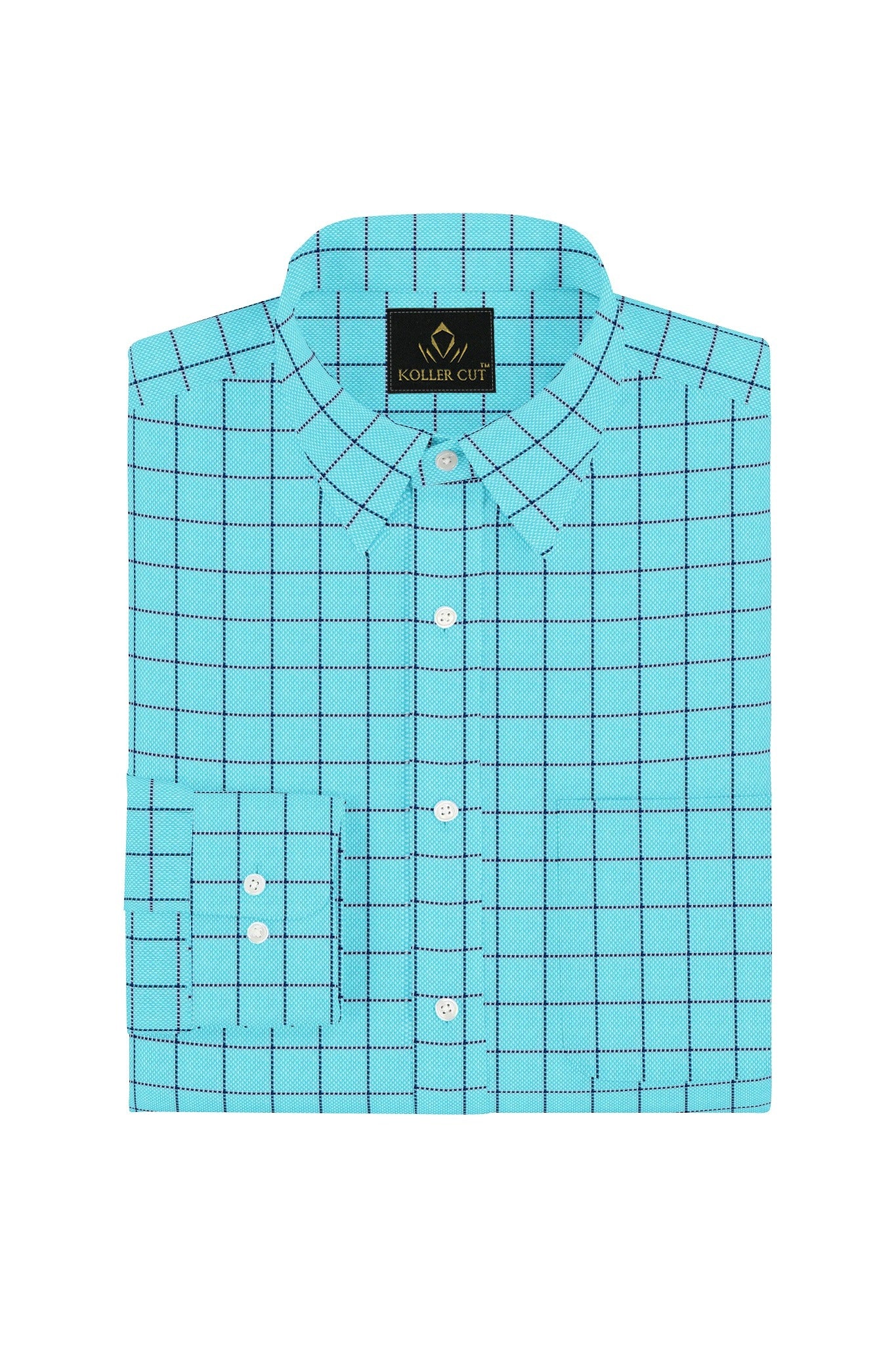 Cyan Blue with Legion Blue and Black Jacquard Windowpane Checks Premium Cotton Shirt-Premium Cotton Shirt in India