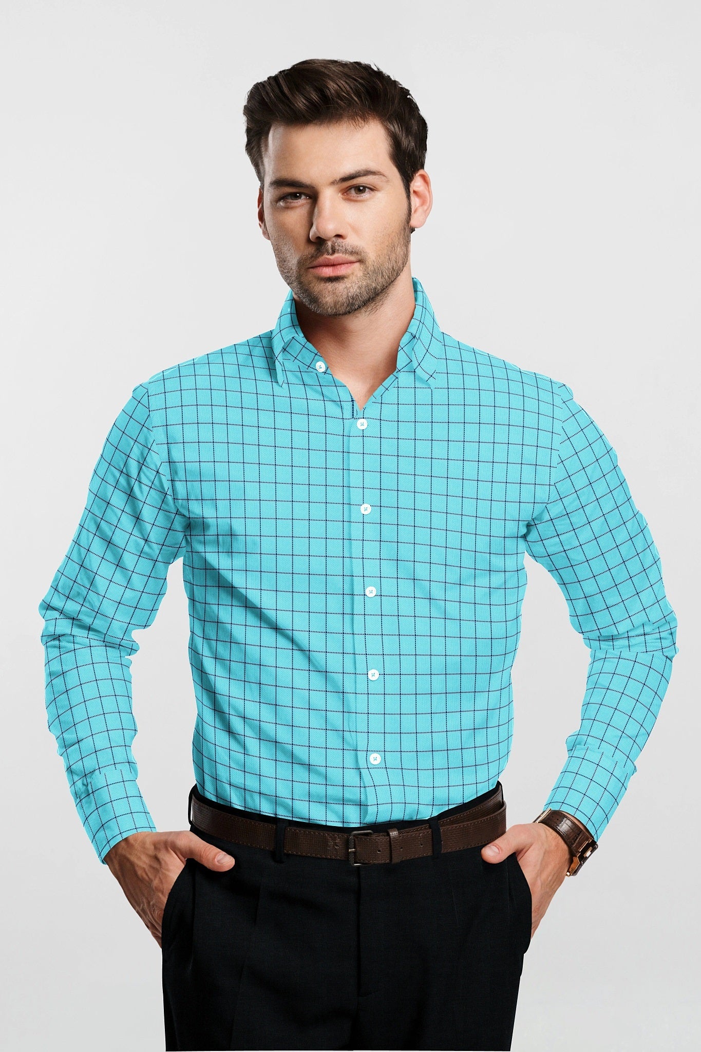Cyan Blue with Legion Blue and Black Jacquard Windowpane Checks Premium Cotton Shirt-Premium Cotton Shirt in India