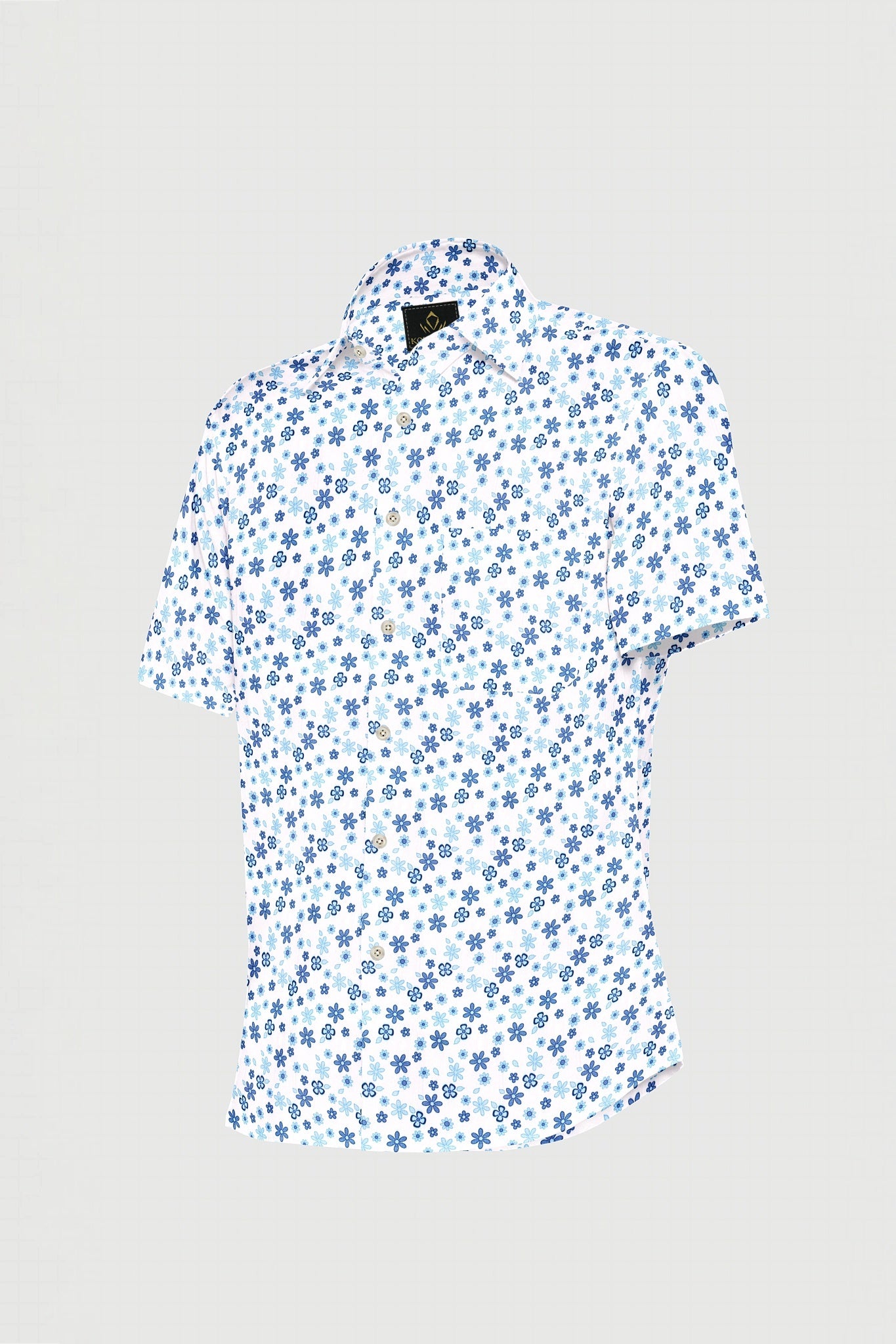 White and Lichen Blue with Jasmine and Pansy Flower Printed Premium Egyptian Giza Cotton Shirt - Formal Printed Shirt in India - Plus size Shirt in India - Plus Size Shirts for Men Online in Mumbai