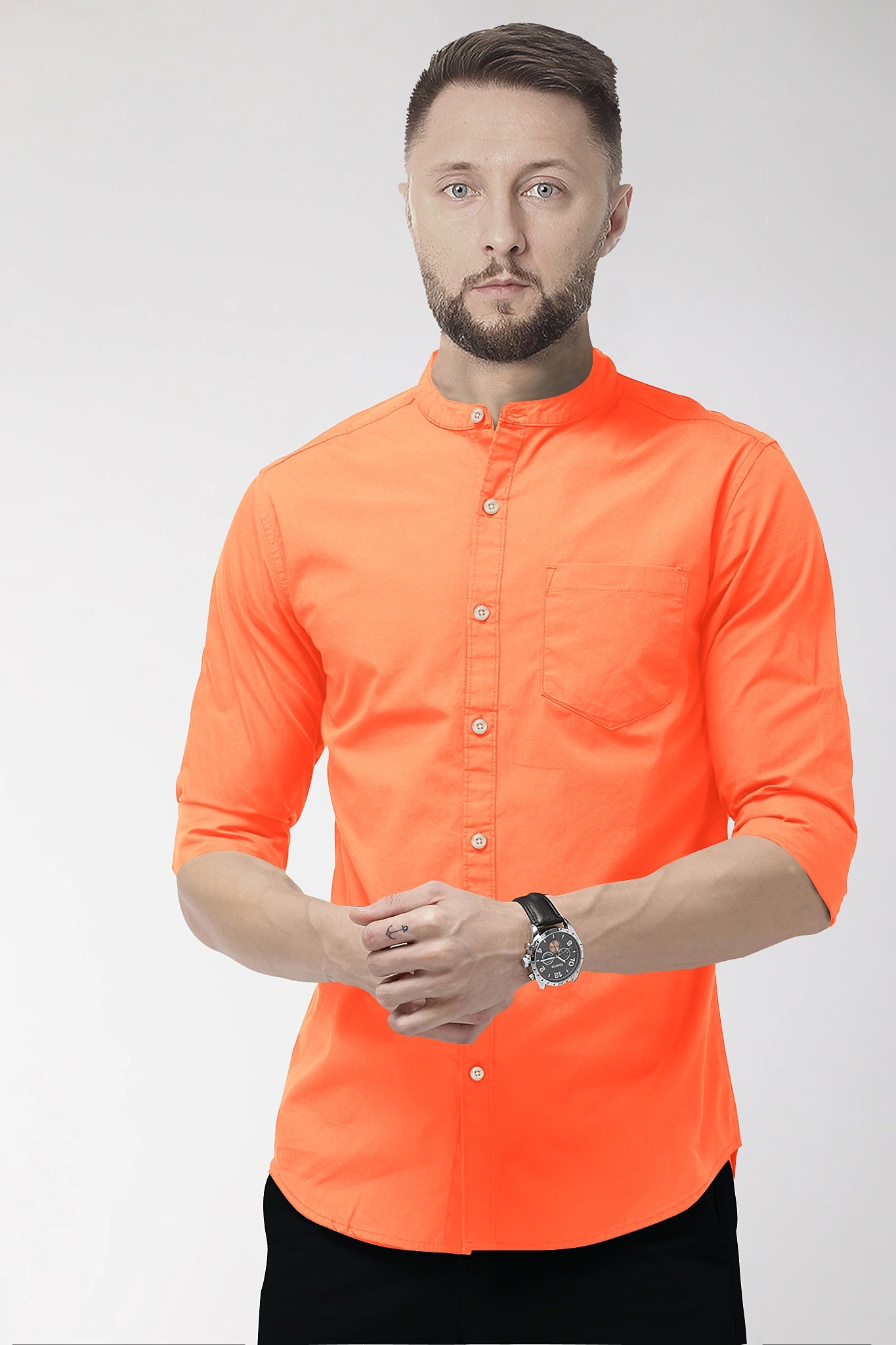 Persimmon Orange Mandarin Collar Giza Cotton Shirt
