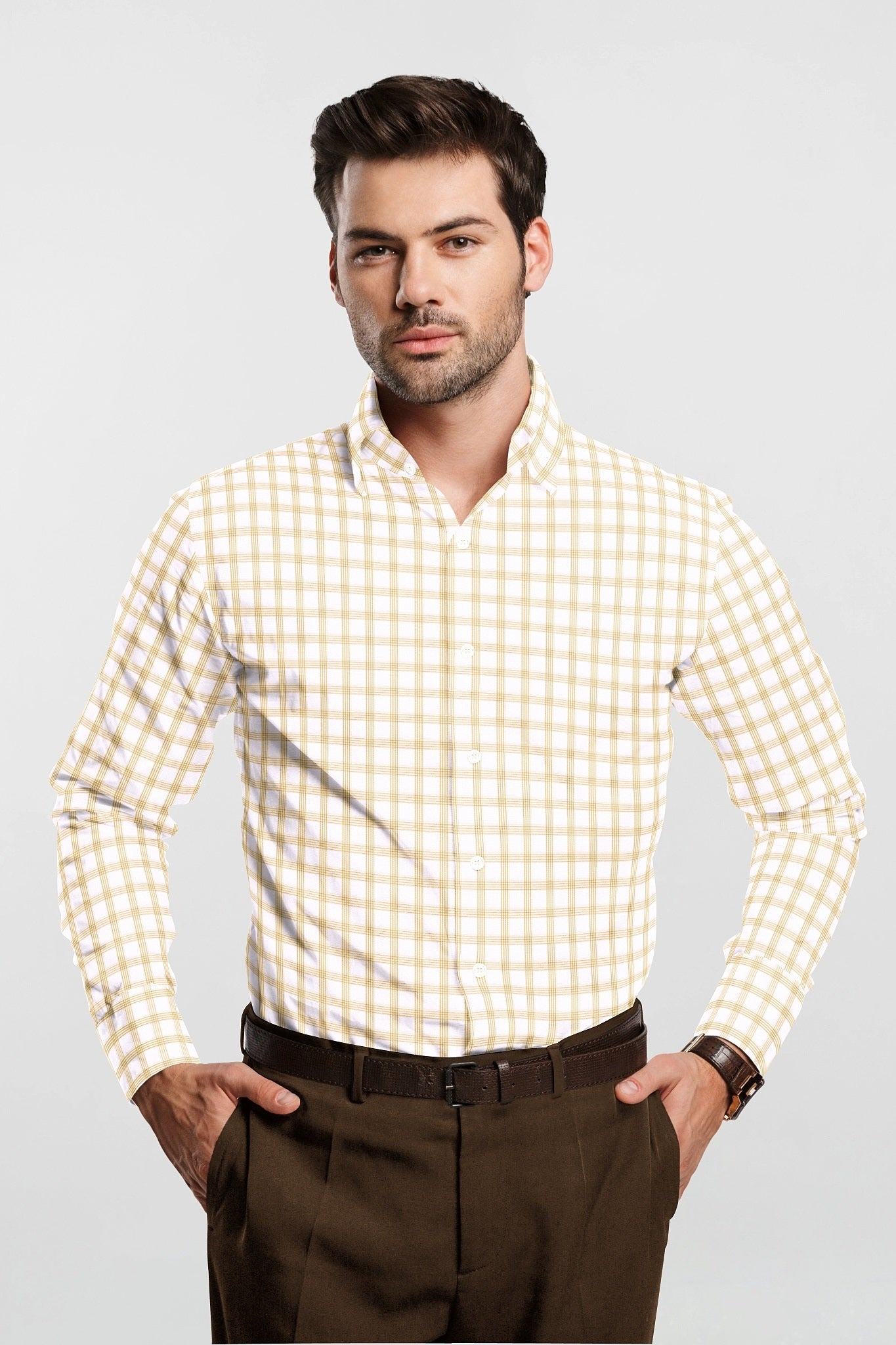 White and Wheat Brown Checks Cotton Shirt-Plus Size Shirt in India