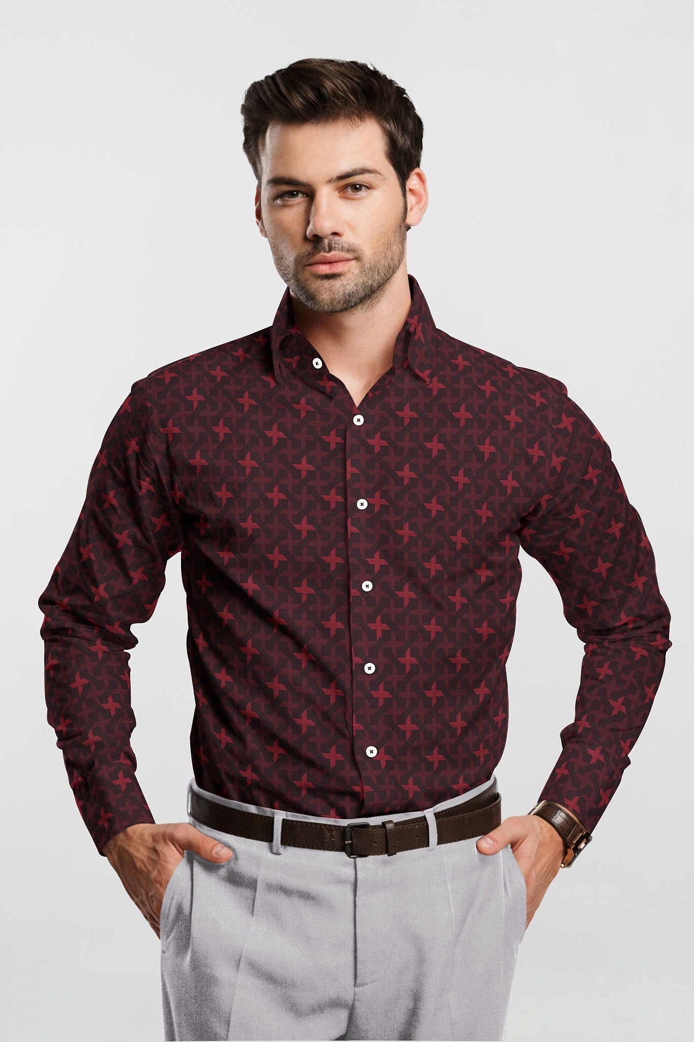Rococo Red and Jet Black Ninja Shuriken Jacquard Print Egyptian Giza Cotton Shirt