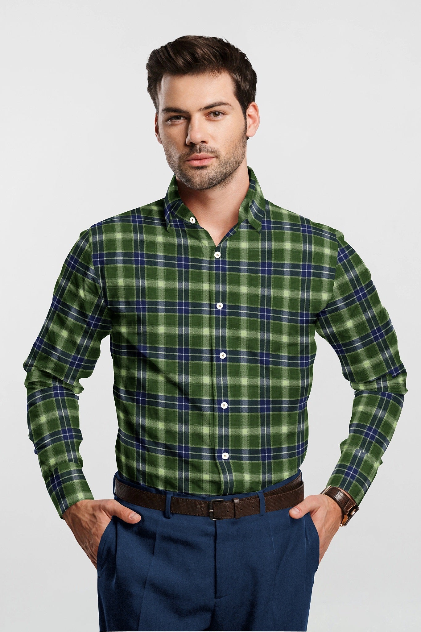 Cactus Green with Lapis Blue and White Checks Cotton Shirt