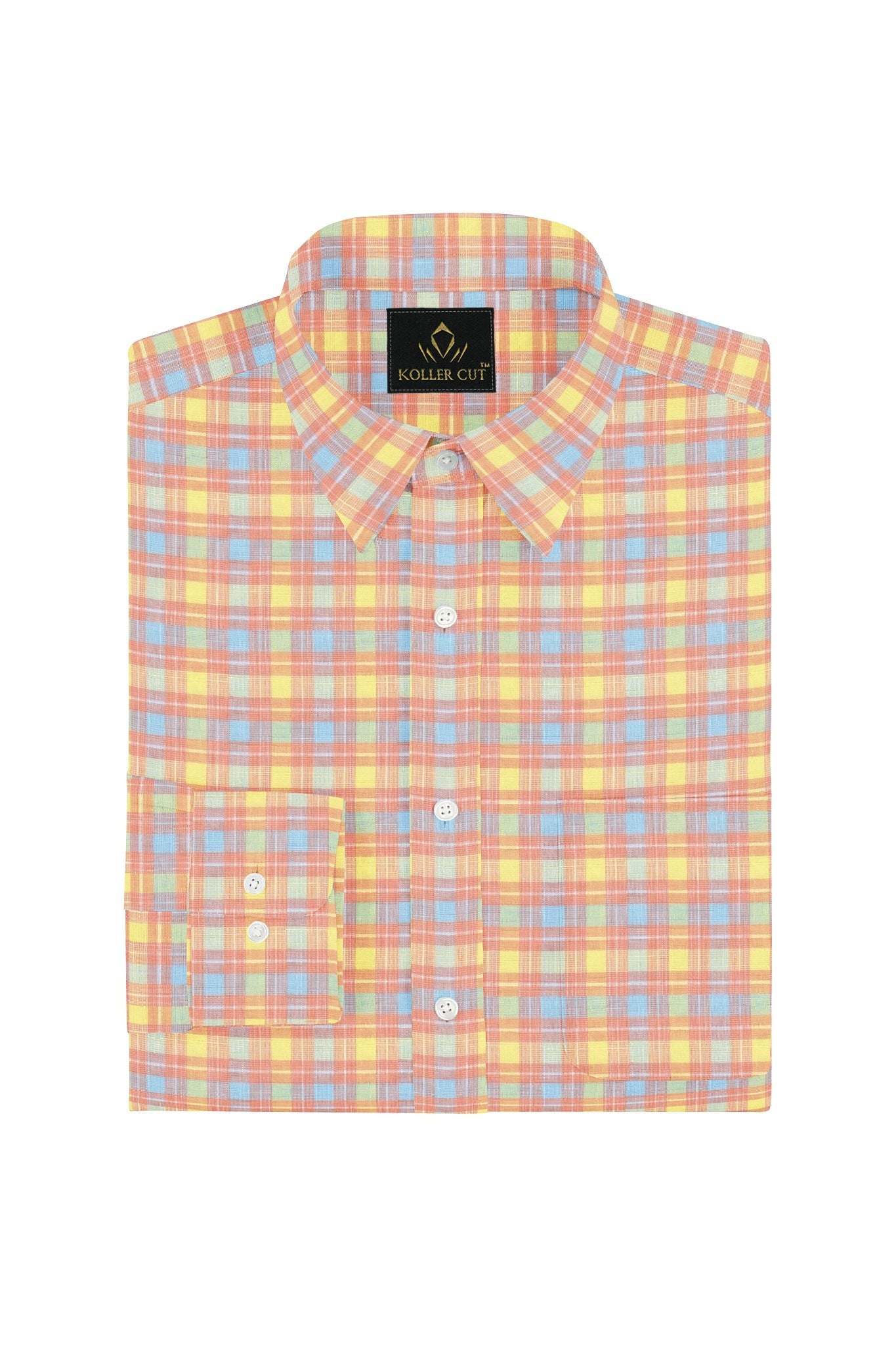 Nectar Peach with Marigold Yellow and Ethereal Blue Checks Cotton Shirt