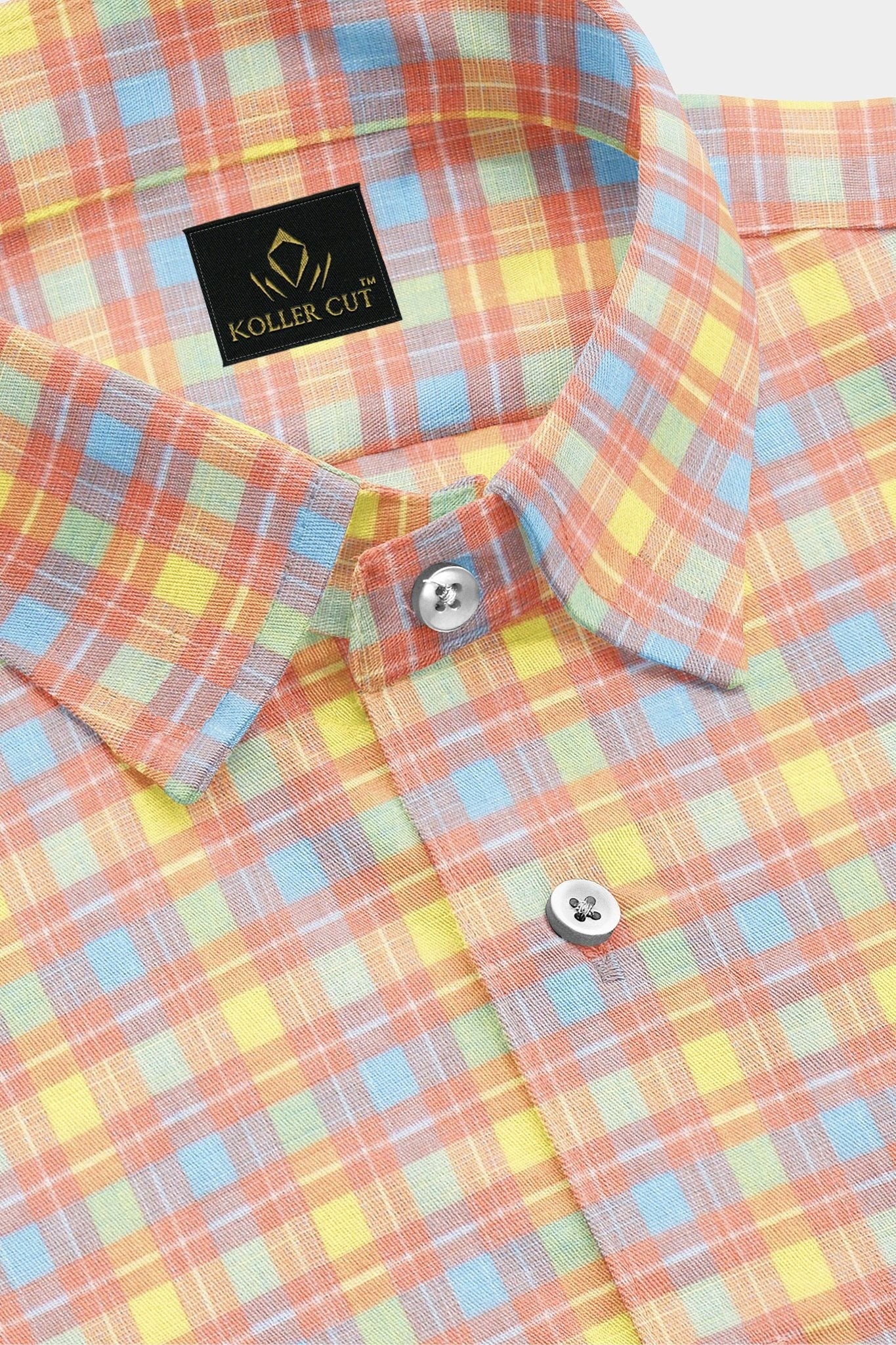 Nectar Peach with Marigold Yellow and Ethereal Blue Checks Cotton Shirt