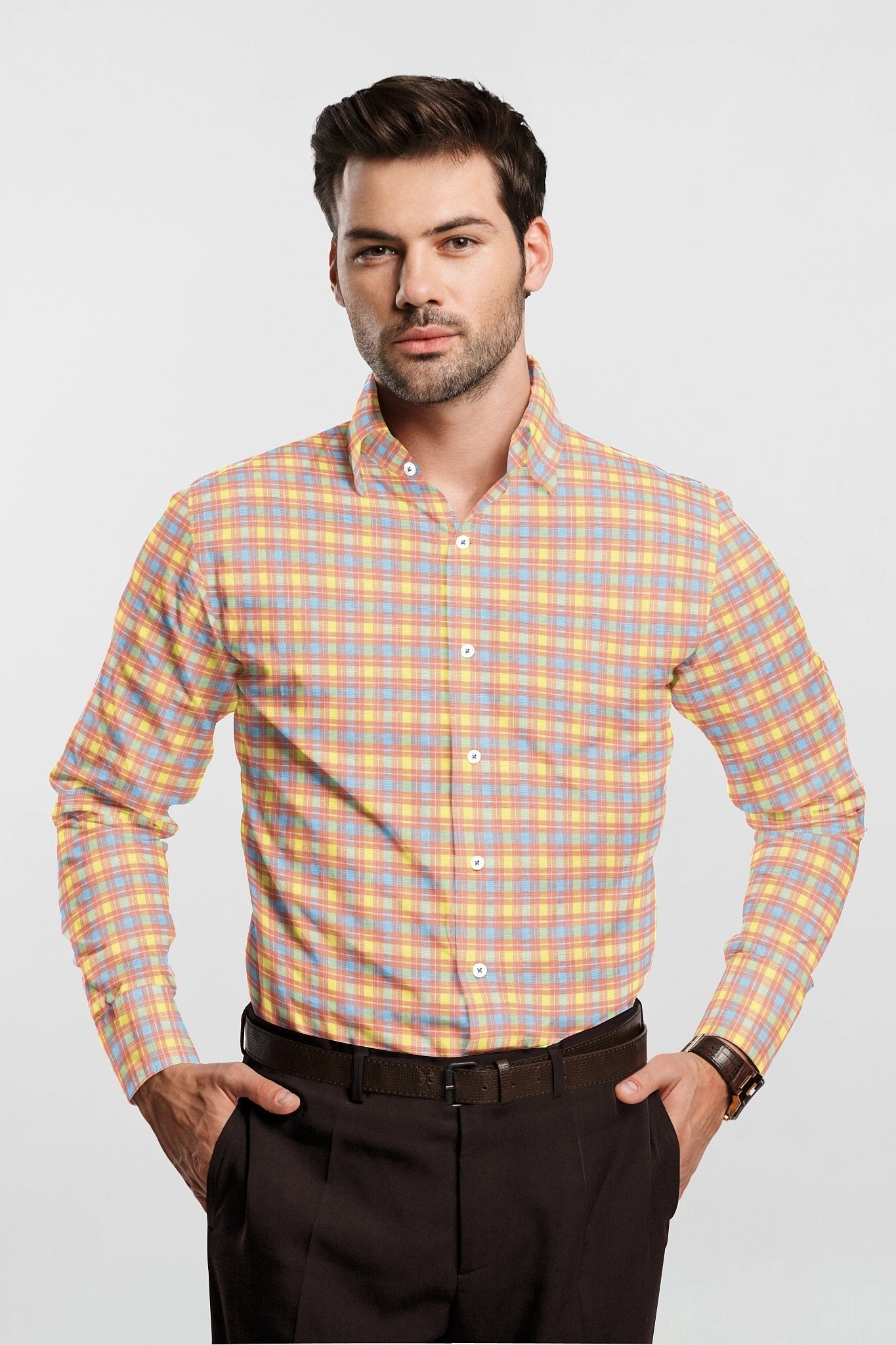 Nectar Peach with Marigold Yellow and Ethereal Blue Checks Cotton Shirt