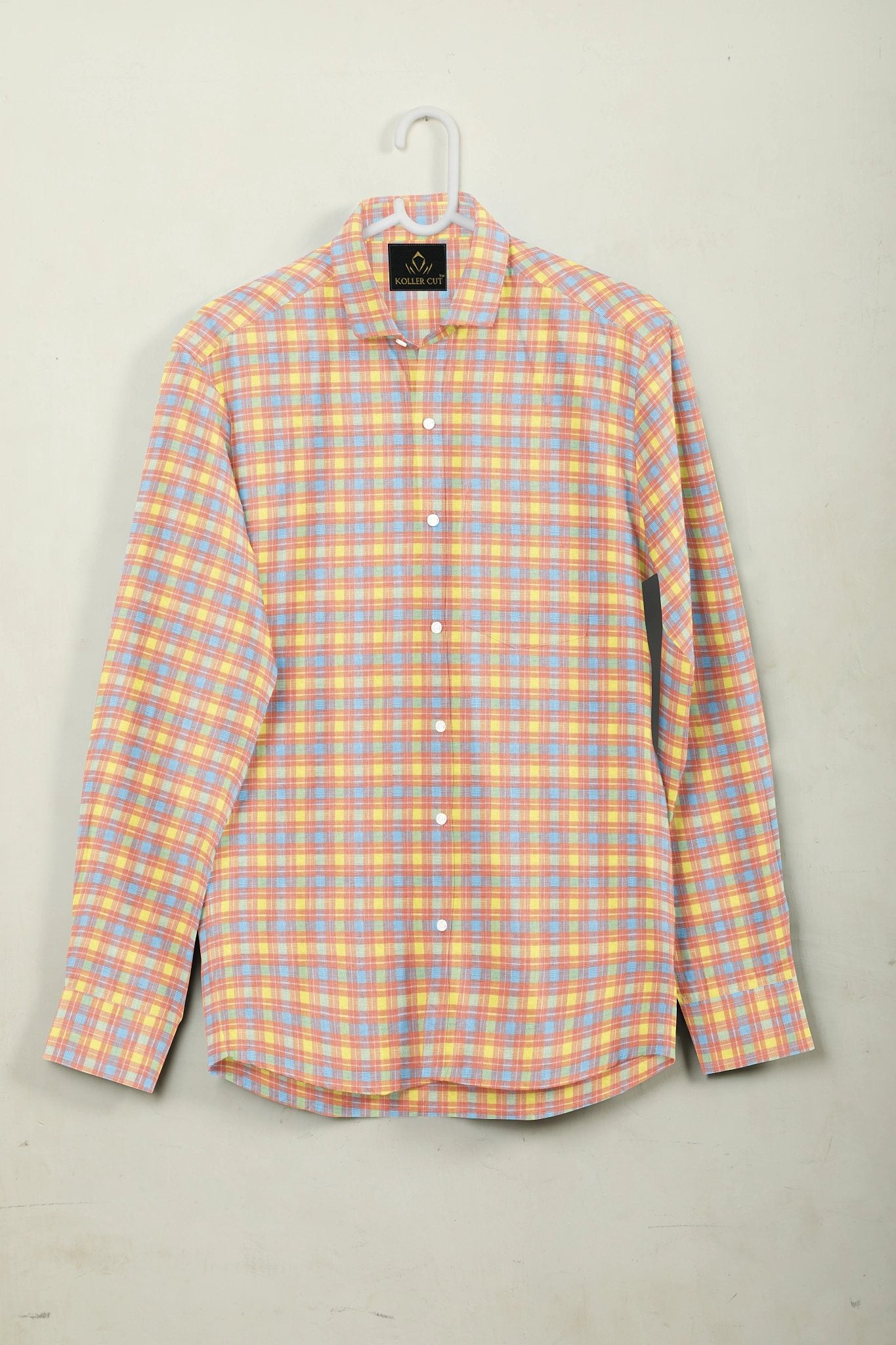 Nectar Peach with Marigold Yellow and Ethereal Blue Checks Cotton Shirt