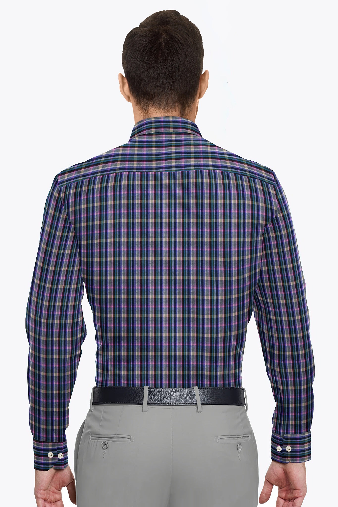 Charcoal Gray with Mulberry Purple and Indigo Blue Multicolored Checks Cotton Shirt Custom Plus size Cotton Shirts in India