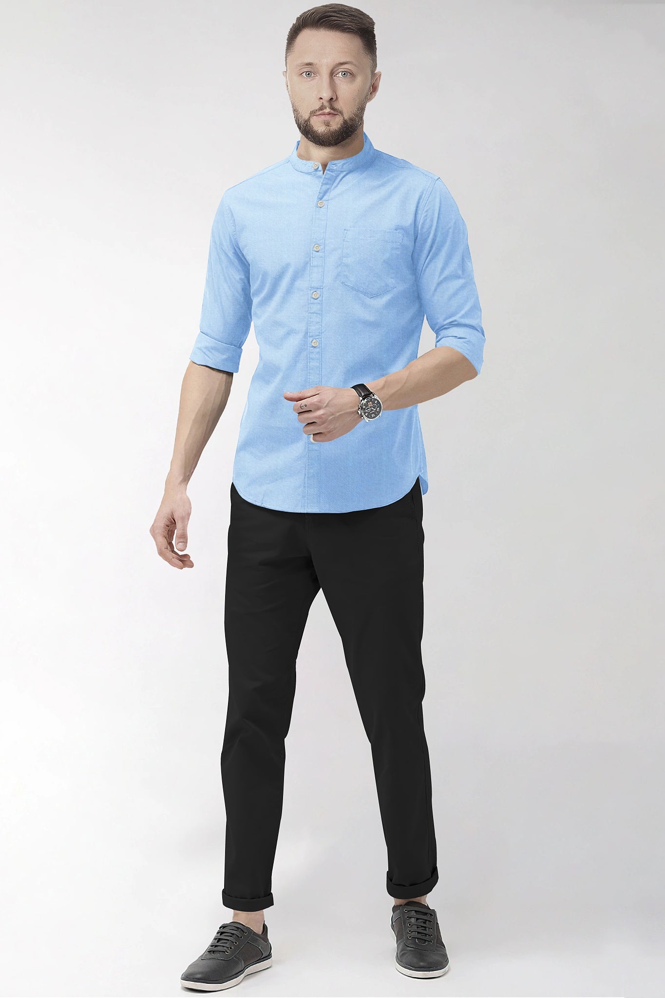 Blizzard Blue and White Mandarin Collar Plain Oxford Cotton Shirt