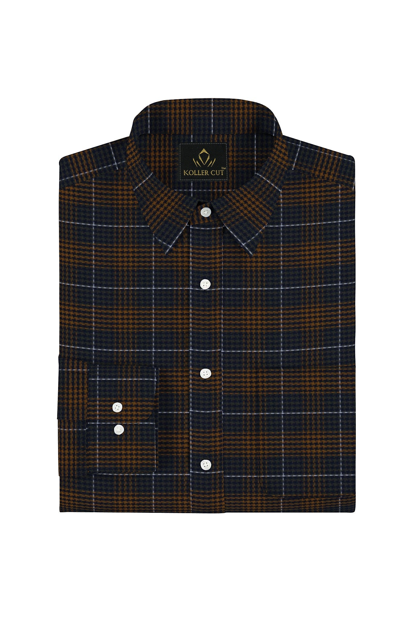 Monaco Blue with Buckthorn brown and Capulet Olive Green Hounds tooth Checks Premium Cotton Shirt Plus size Shirt in India