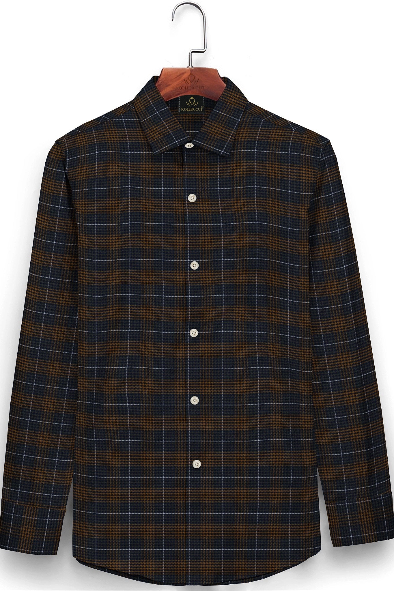 Monaco Blue with Buckthorn brown and Capulet Olive Green Hounds tooth Checks Premium Cotton Shirt Plus size Shirt in India