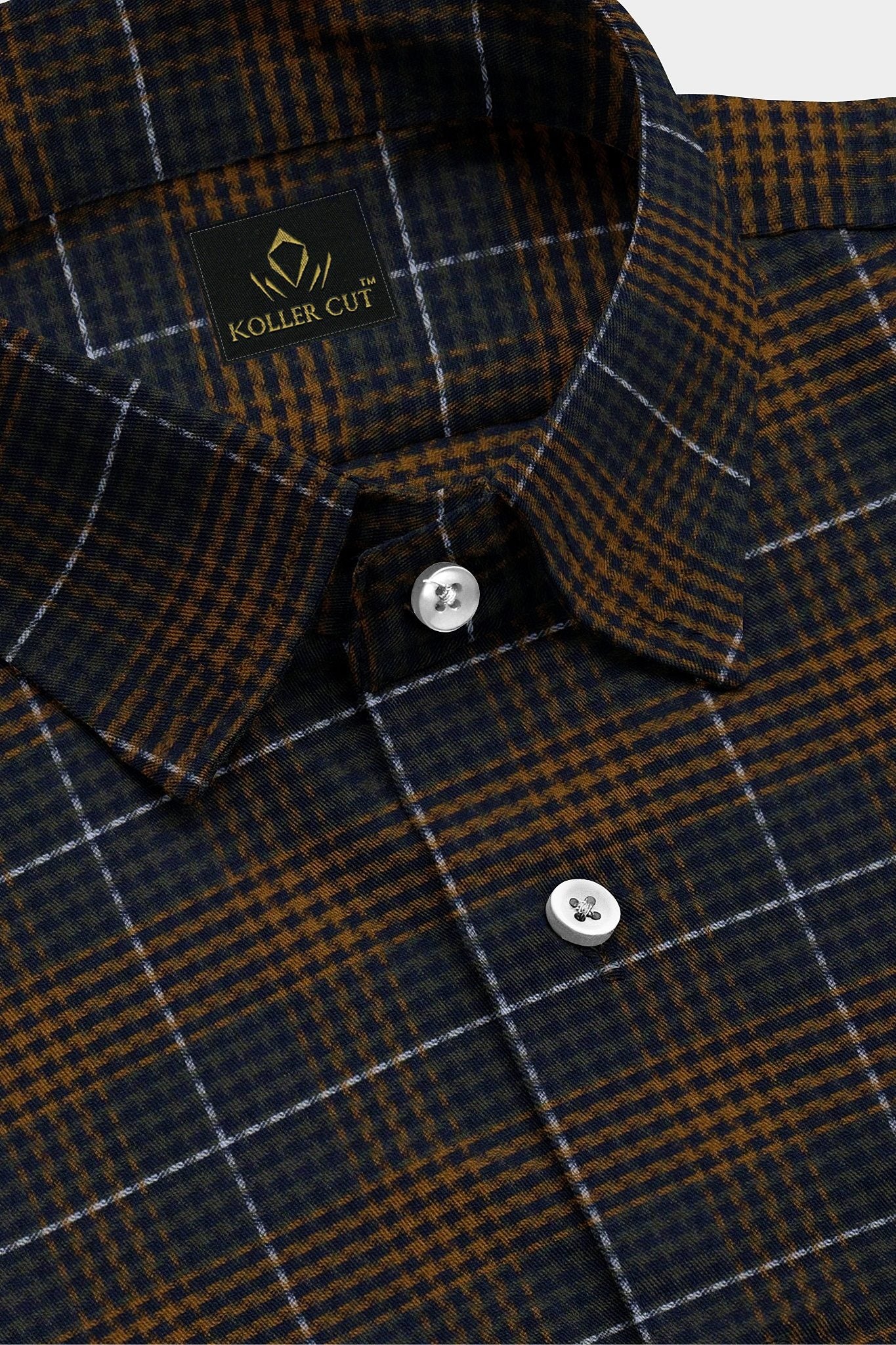 Monaco Blue with Buckthorn brown and Capulet Olive Green Hounds tooth Checks Premium Cotton Shirt Plus size Shirt in India