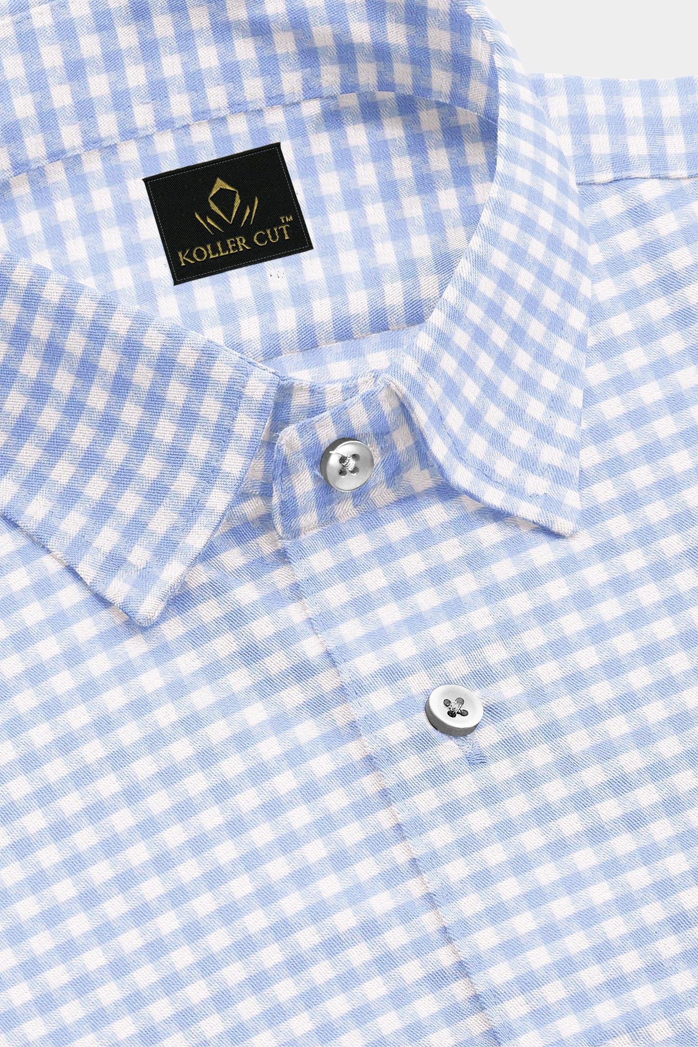 White and Chambray Blue Jacquard Gingham Checks Premium Cotton Shirt