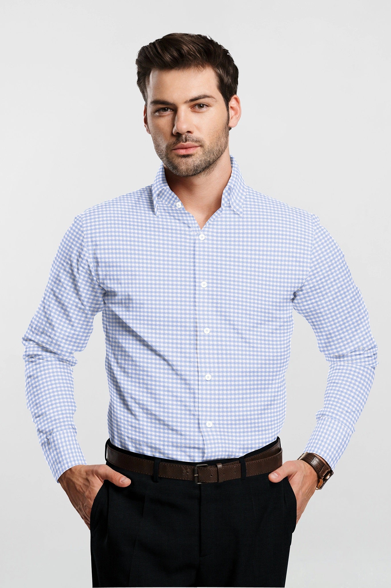 White and Chambray Blue Jacquard Gingham Checks Premium Cotton Shirt