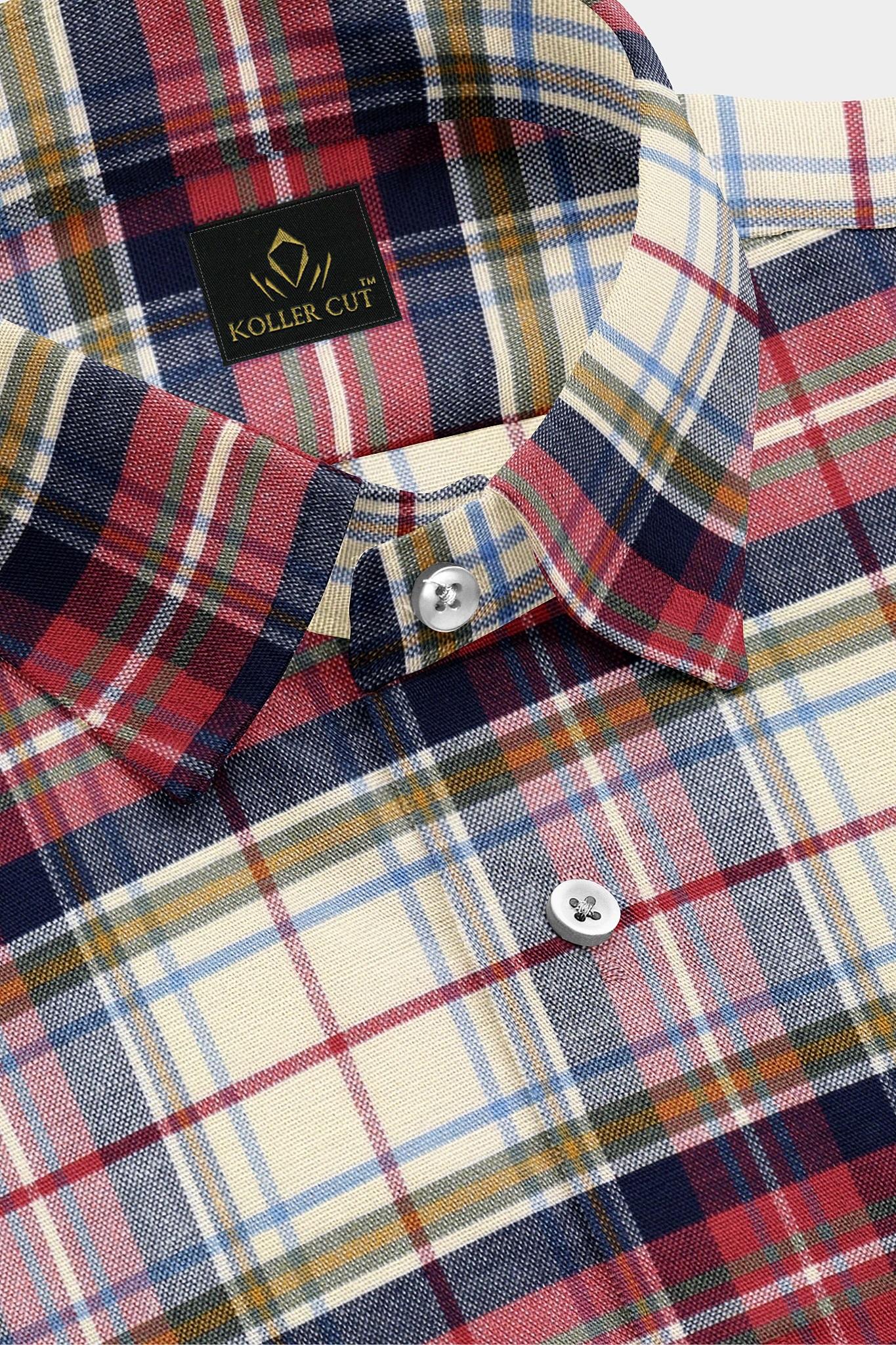 Cream with Cherry Red and Midnight Blue Checks Cotton Shirt