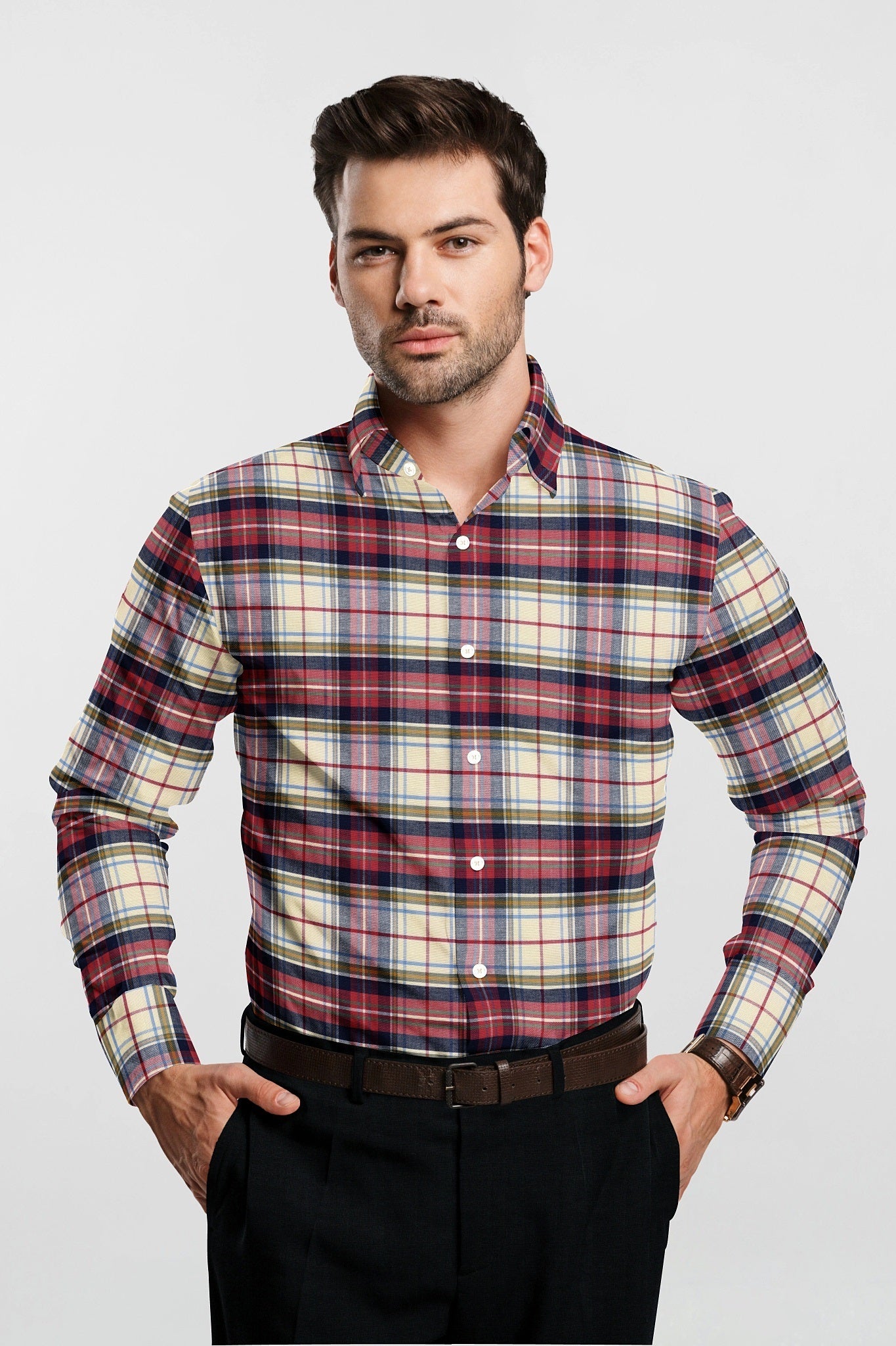 Cream with Cherry Red and Midnight Blue Checks Cotton Shirt