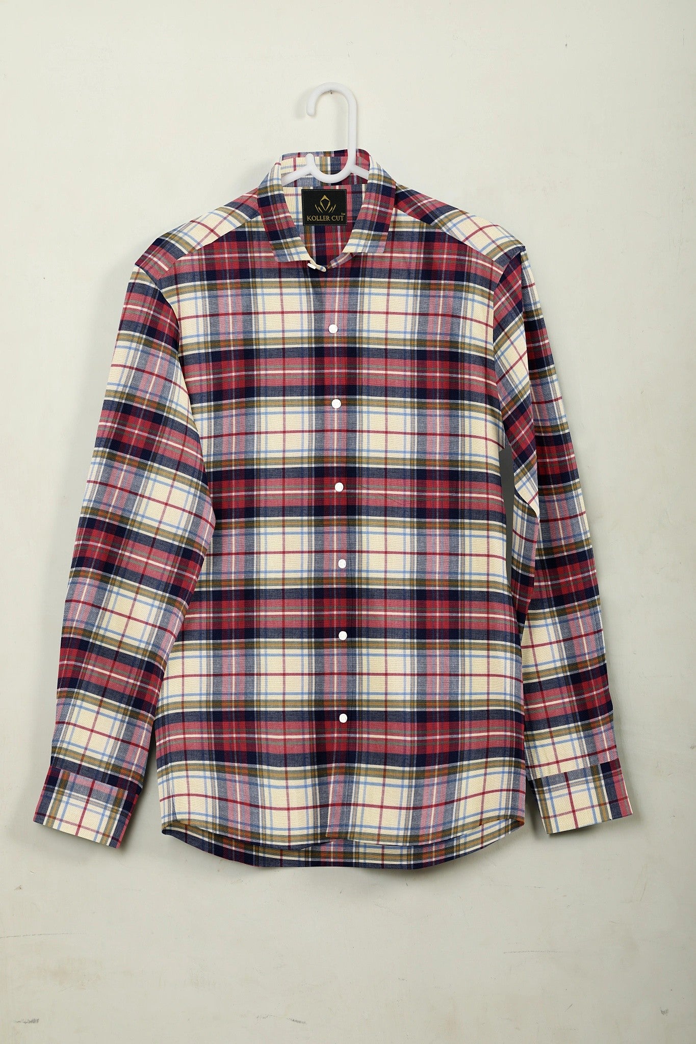 Cream with Cherry Red and Midnight Blue Checks Cotton Shirt