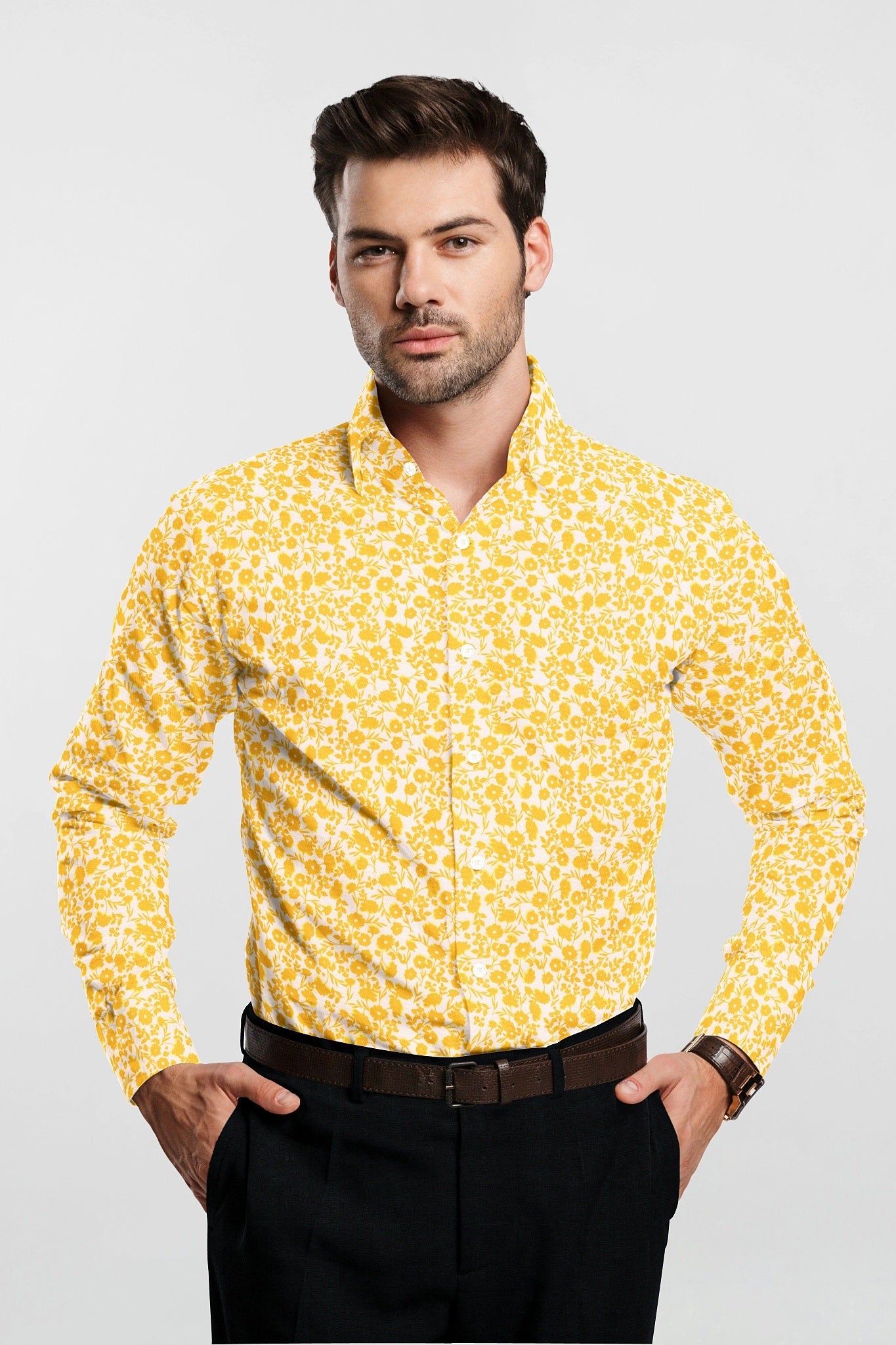 White and Daffodil Yellow Flower Printed Cotton Shirt