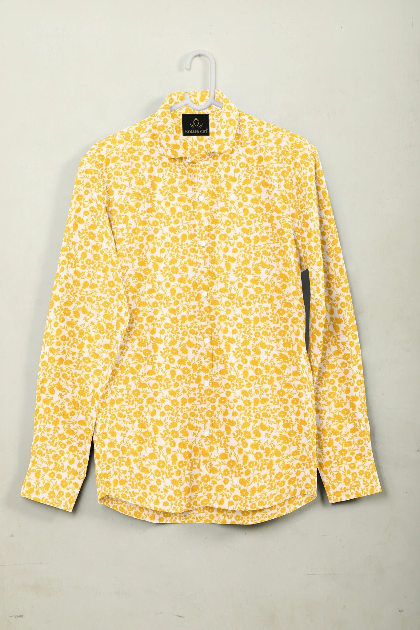 White and Daffodil Yellow Flower Printed Cotton Shirt