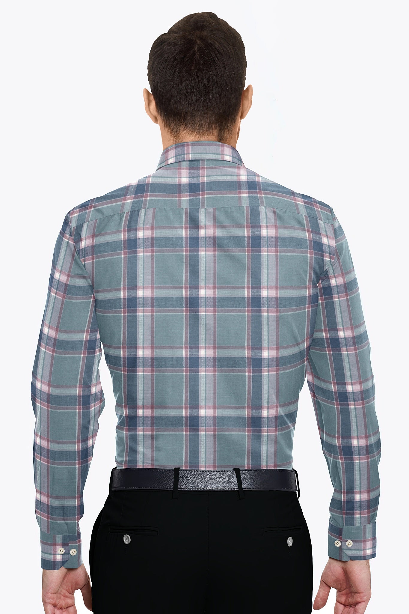 Cadet Blue with Brick Red and Federal Blue Checks Cotton Shirt