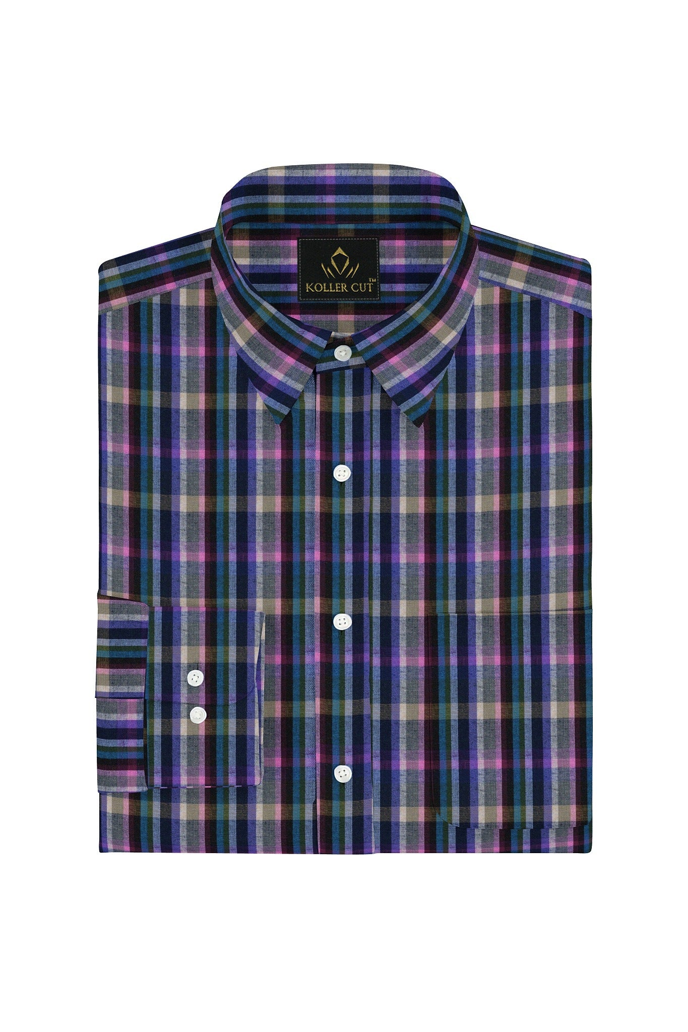 Charcoal Gray with Mulberry Purple and Indigo Blue Multicolored Checks Cotton Shirt Custom Plus size Cotton Shirts in India