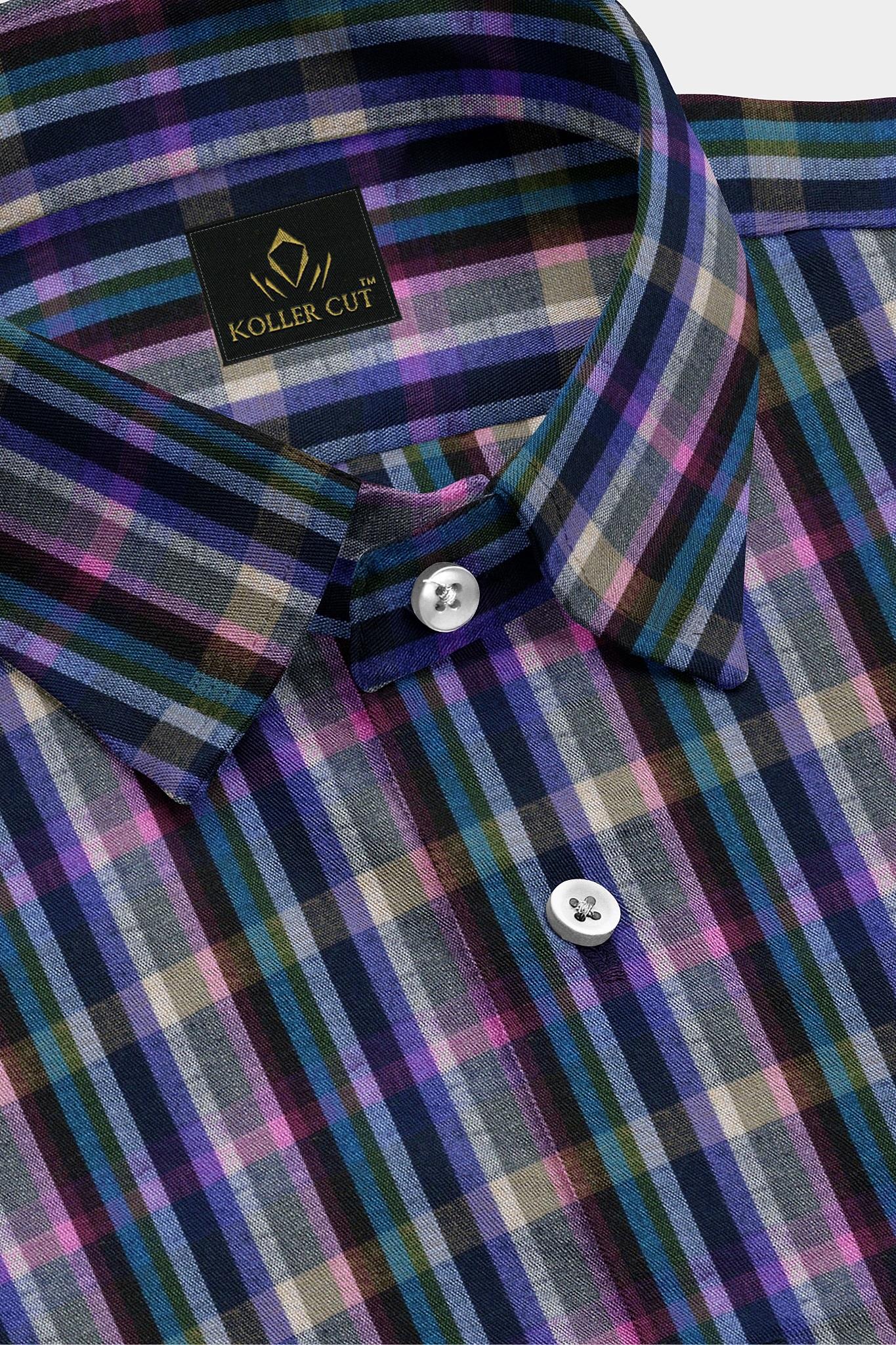 Charcoal Gray with Mulberry Purple and Indigo Blue Multicolored Checks Cotton Shirt Custom Plus size Cotton Shirts in India