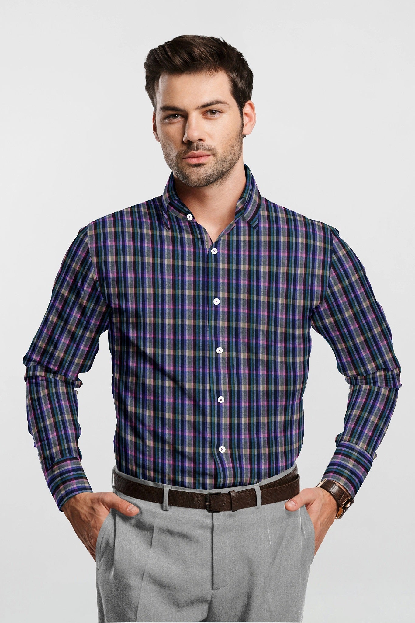 Charcoal Gray with Mulberry Purple and Indigo Blue Multicolored Checks Cotton Shirt Custom Plus size Cotton Shirts in India