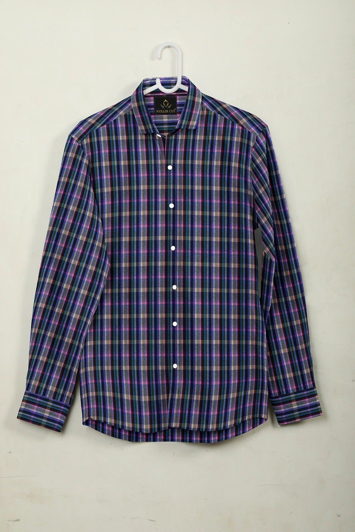 Charcoal Gray with Mulberry Purple and Indigo Blue Multicolored Checks Cotton Shirt Custom Plus size Cotton Shirts in India
