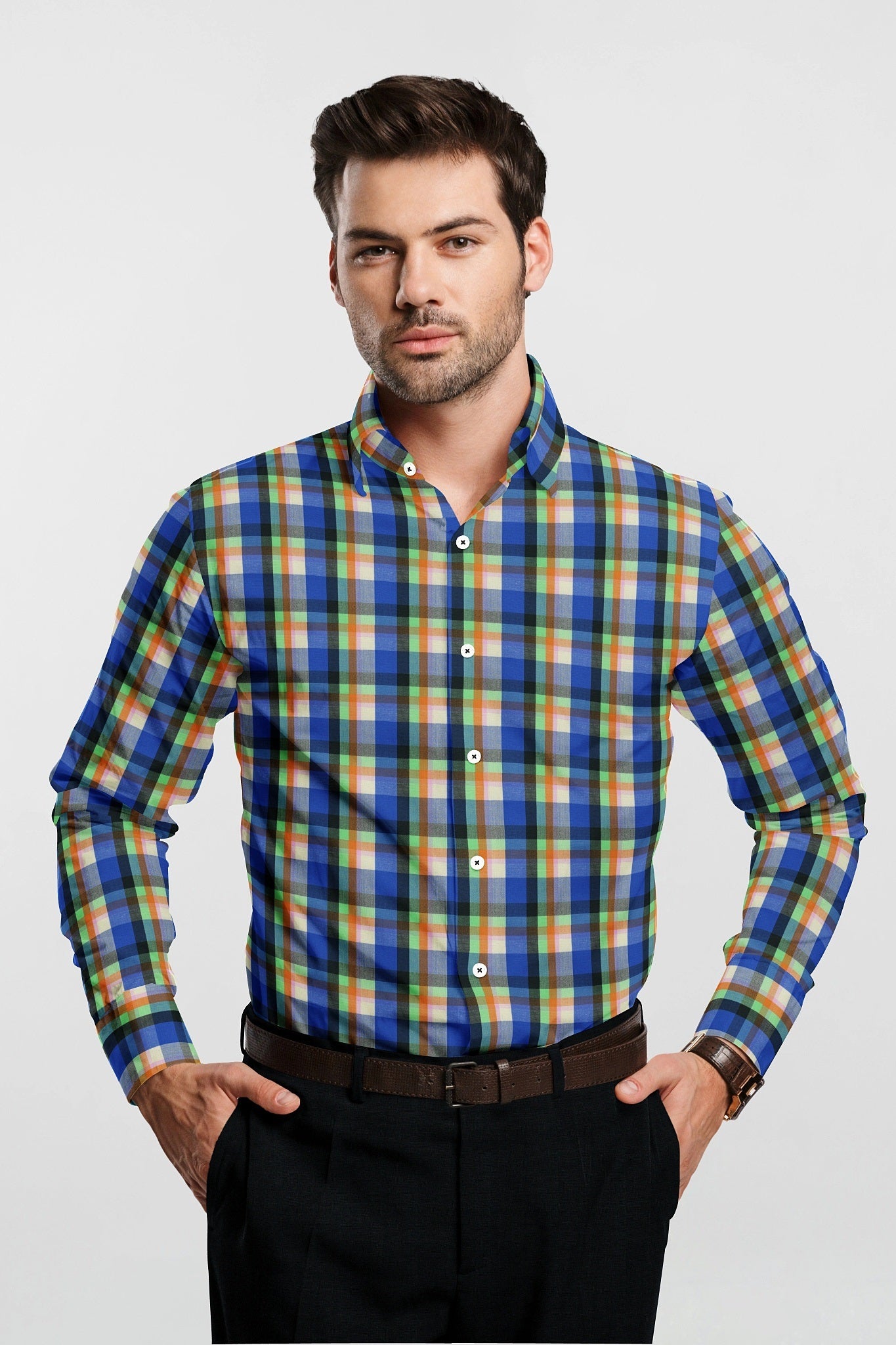 Indigo Blue Celosia Orange and Paradise Green Checks Cotton Shirt