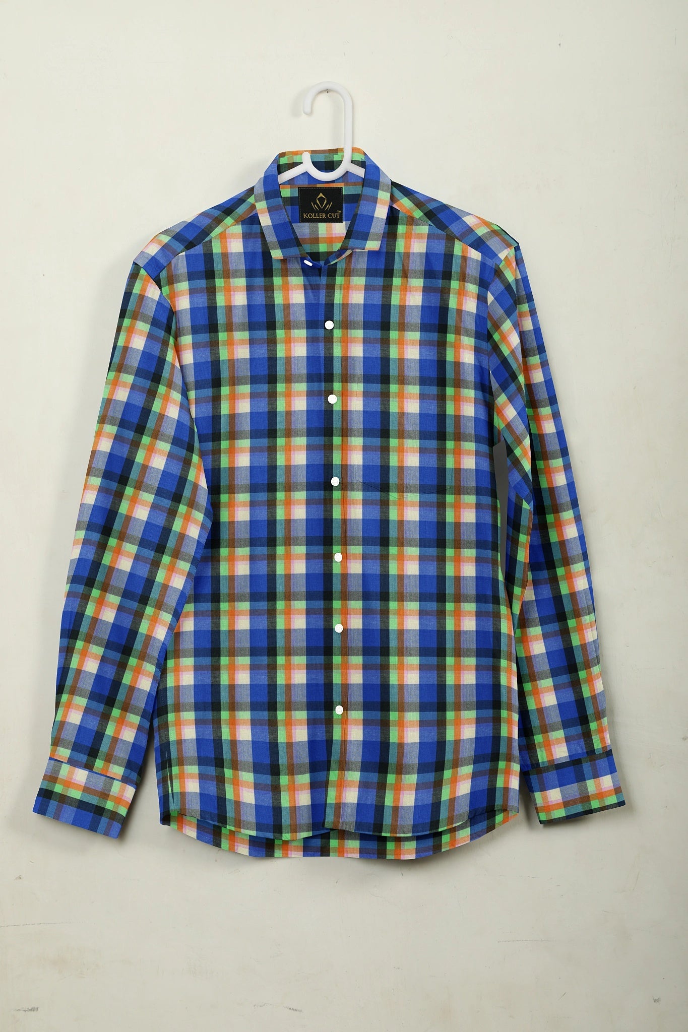 Indigo Blue Celosia Orange and Paradise Green Checks Cotton Shirt