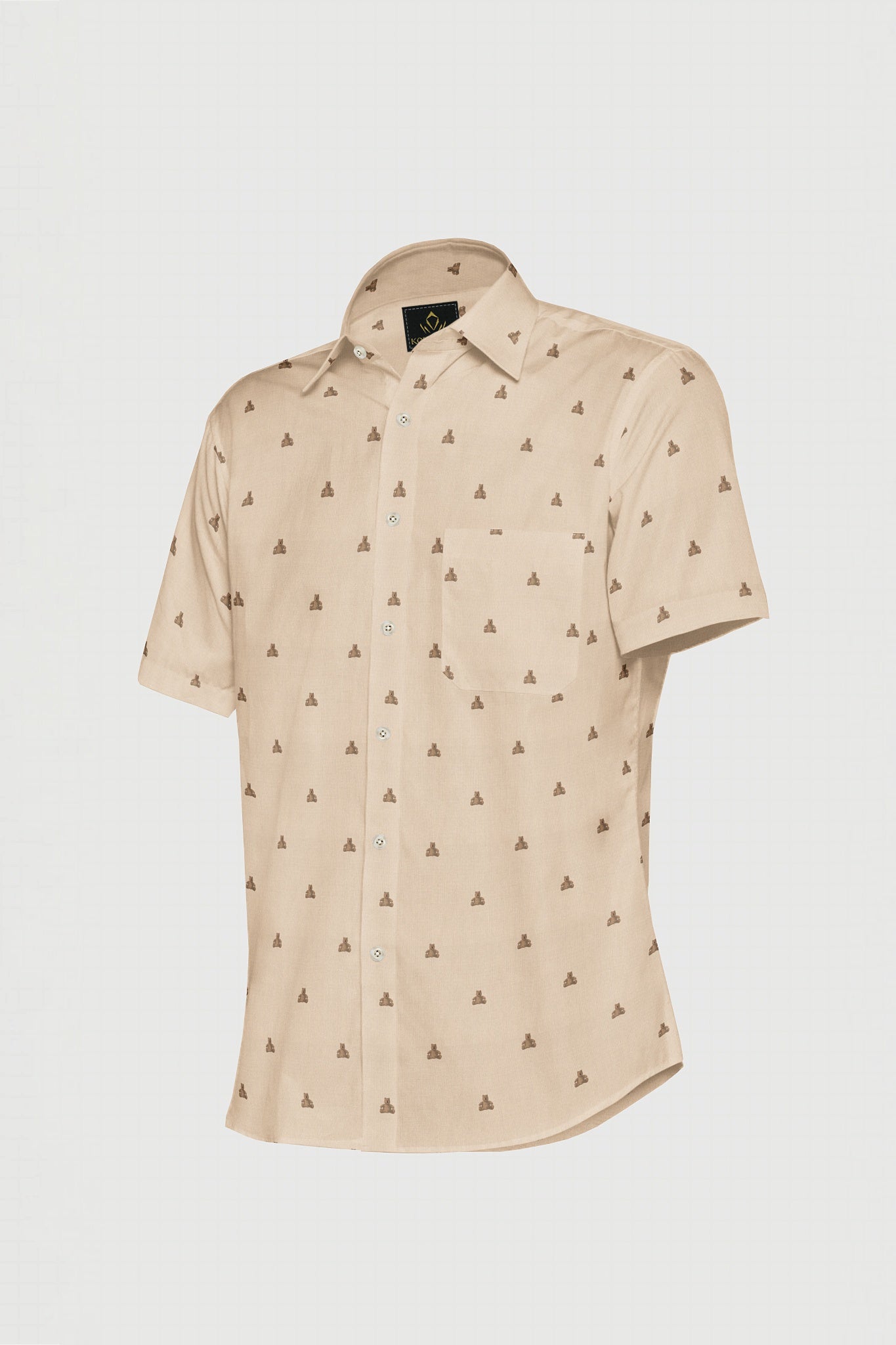 Beige and Biscotti Cream Teddy Bear Printed Cotton Shirt