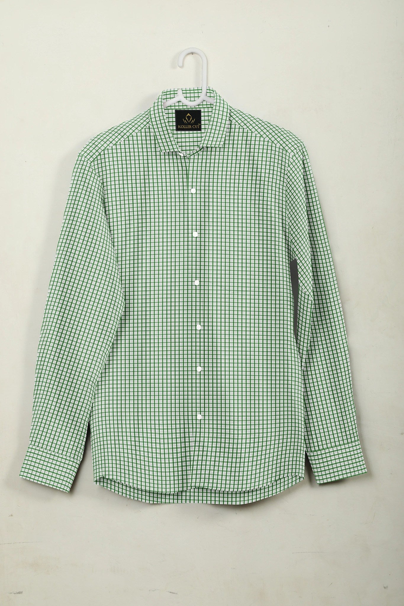 White and Kelly Green Checks Cotton Shirt
