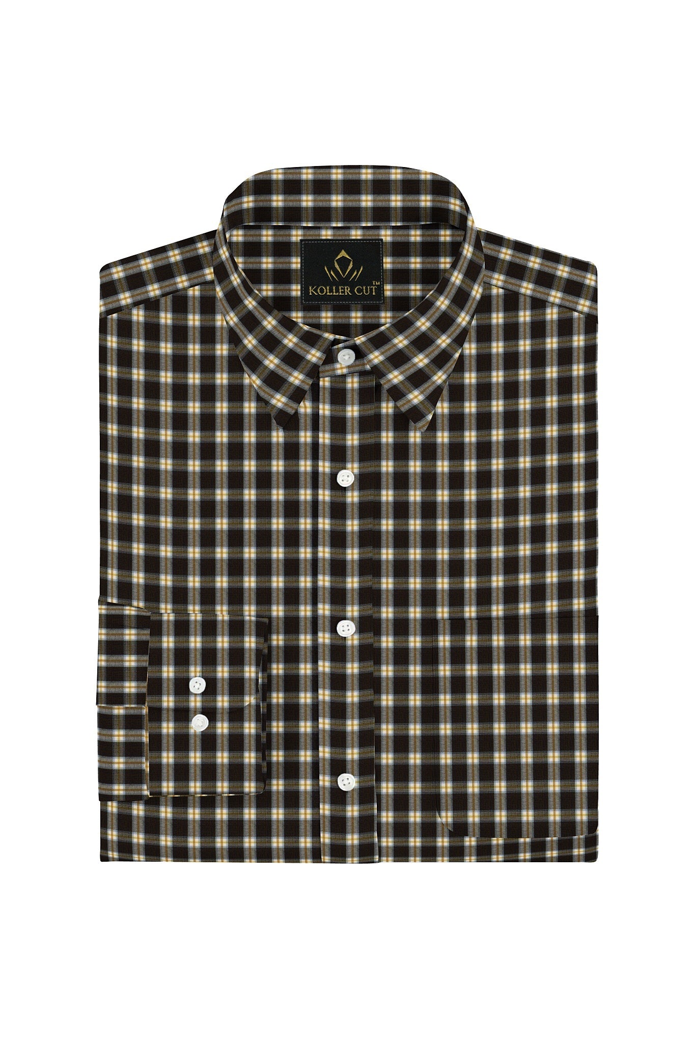 Chocolate Brown with White and Golden Brown Gingham Checks Cotton Shirt